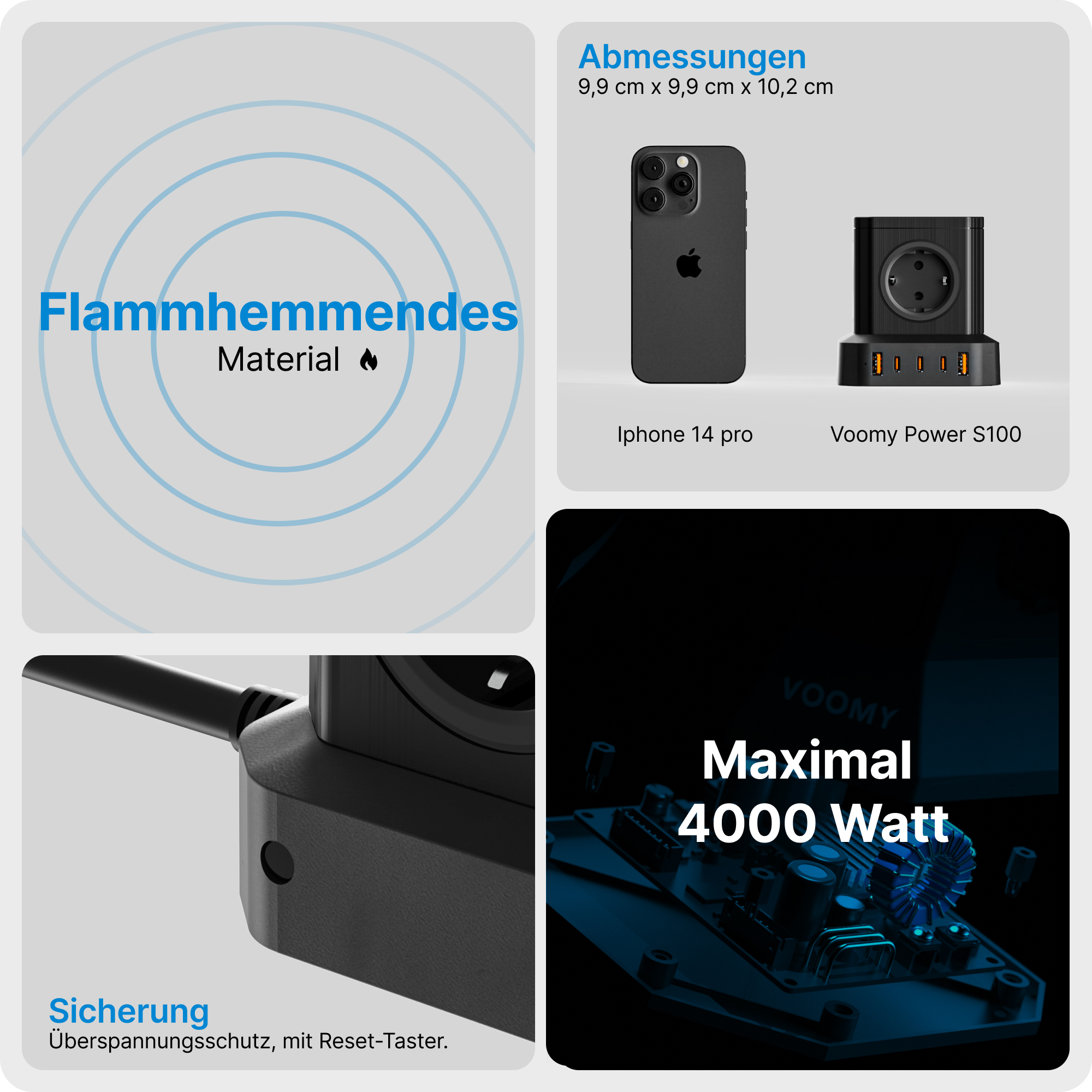 Flammhemmendes Material, iPhone 14 Pro, Voomy Power S100, Sicherung, maximal 4000 Watt.