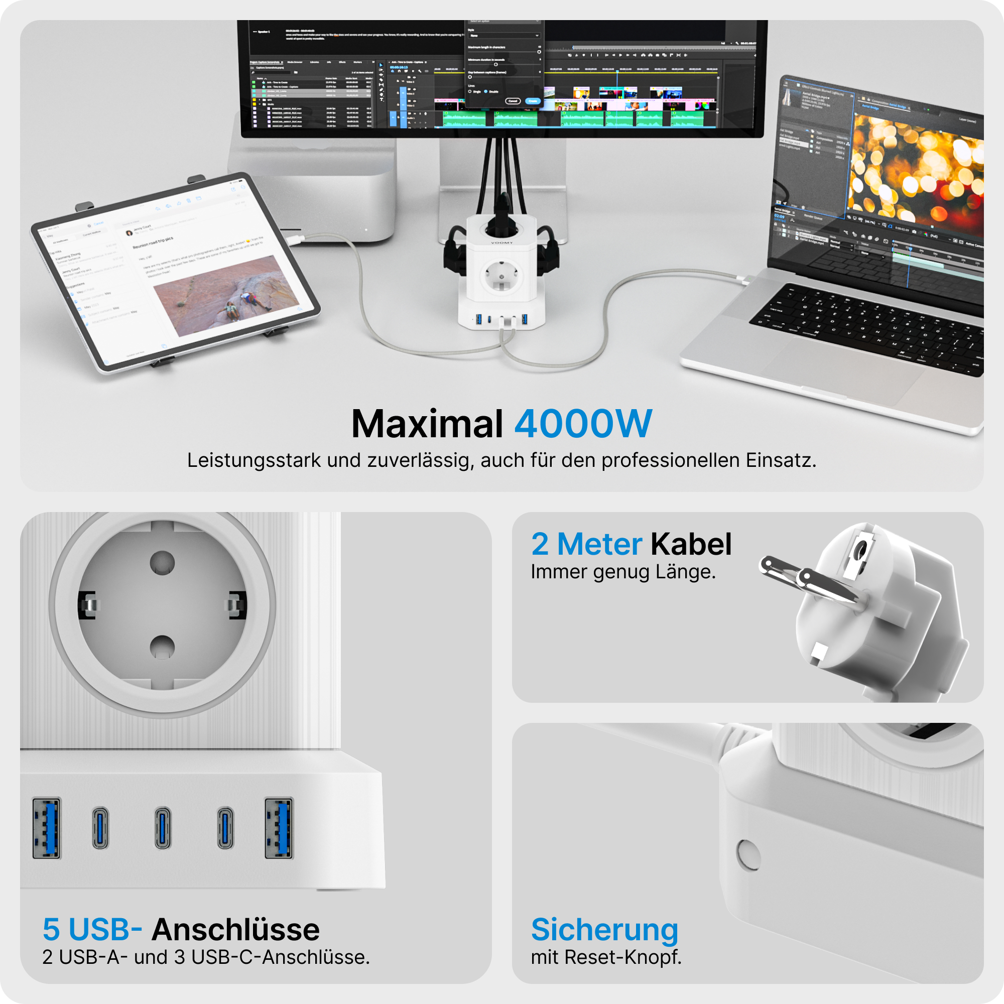 Ein weißer Mehrfachstecker mit 5 USB-Anschlüssen, einer Steckdose und einem Netzteil.