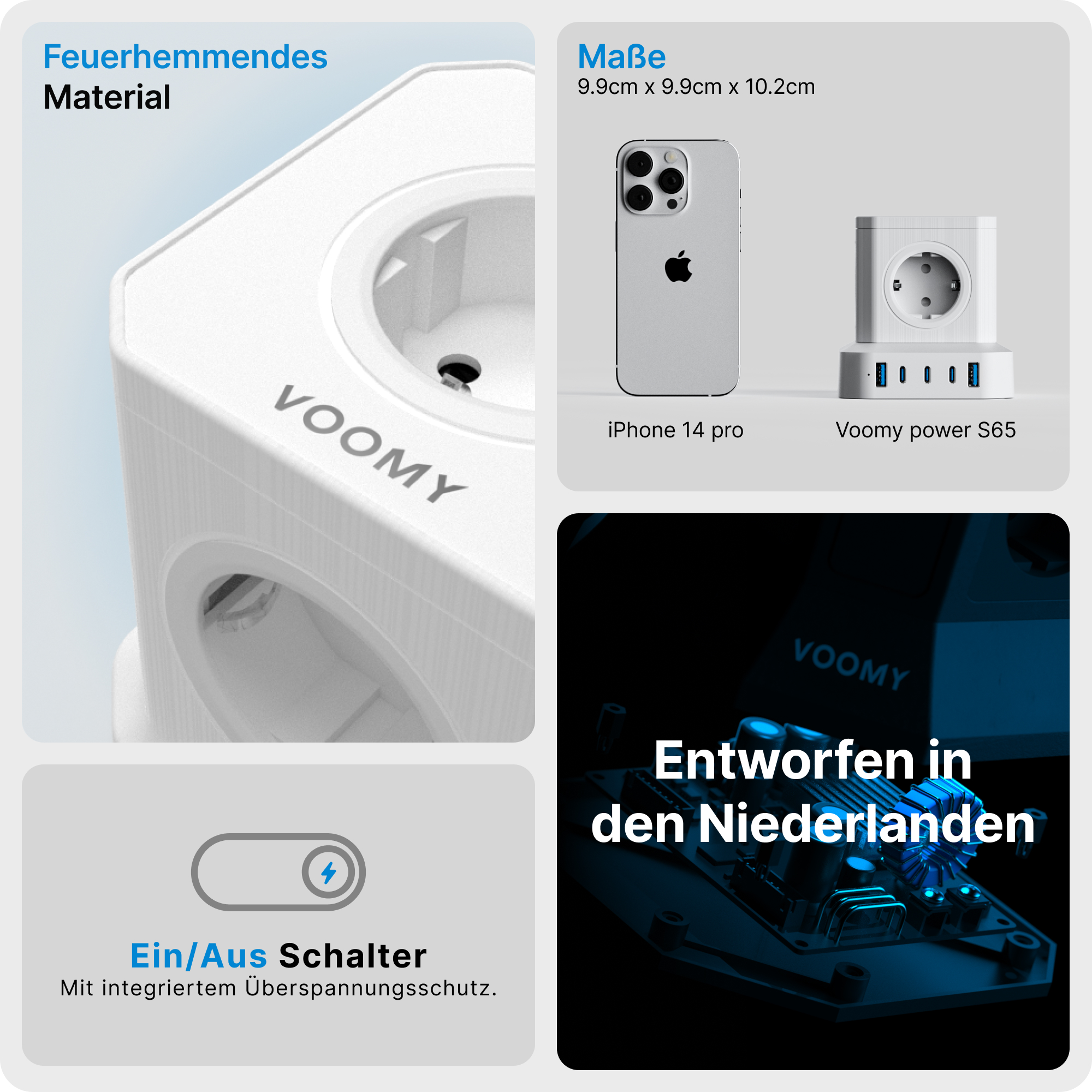 Voomy Steckdosenleiste: Flammschutz, Maße, iPhone 14 Pro Vergleich, Schalter.