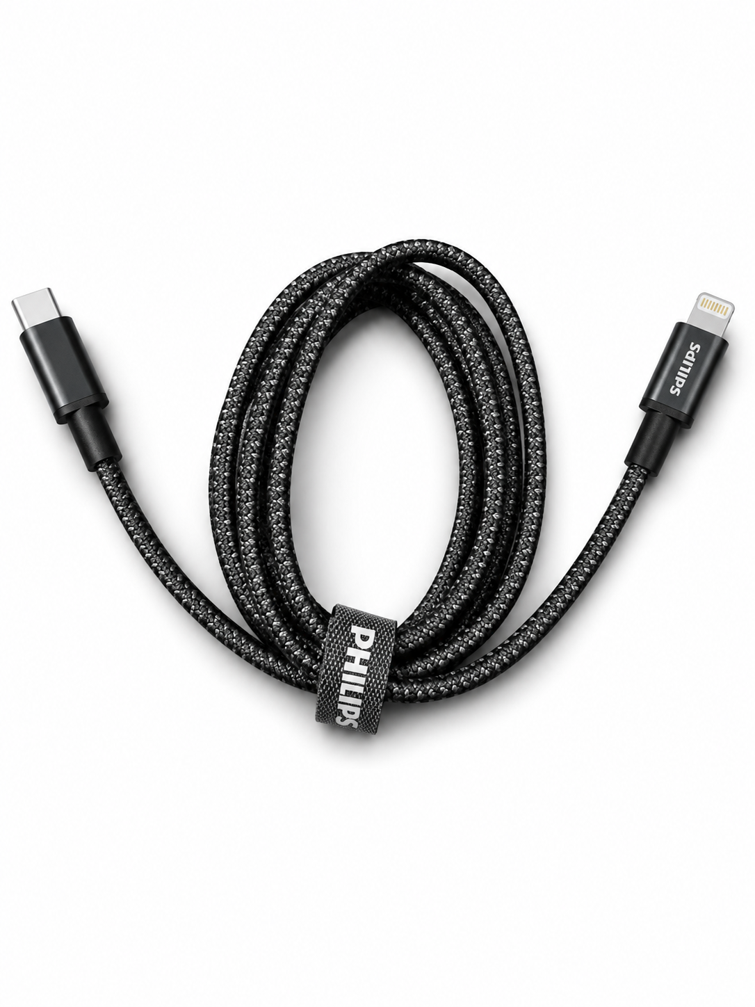 Siyah konektörlü ve Philips logolu örgü USB-C - Lightning kablosu.