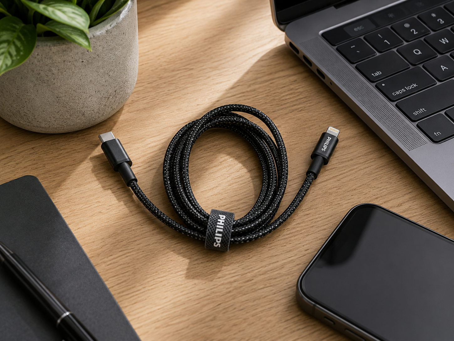 Ahşap masada USB-C ve Lightning konektörlü siyah Philips şarj kablosu.
