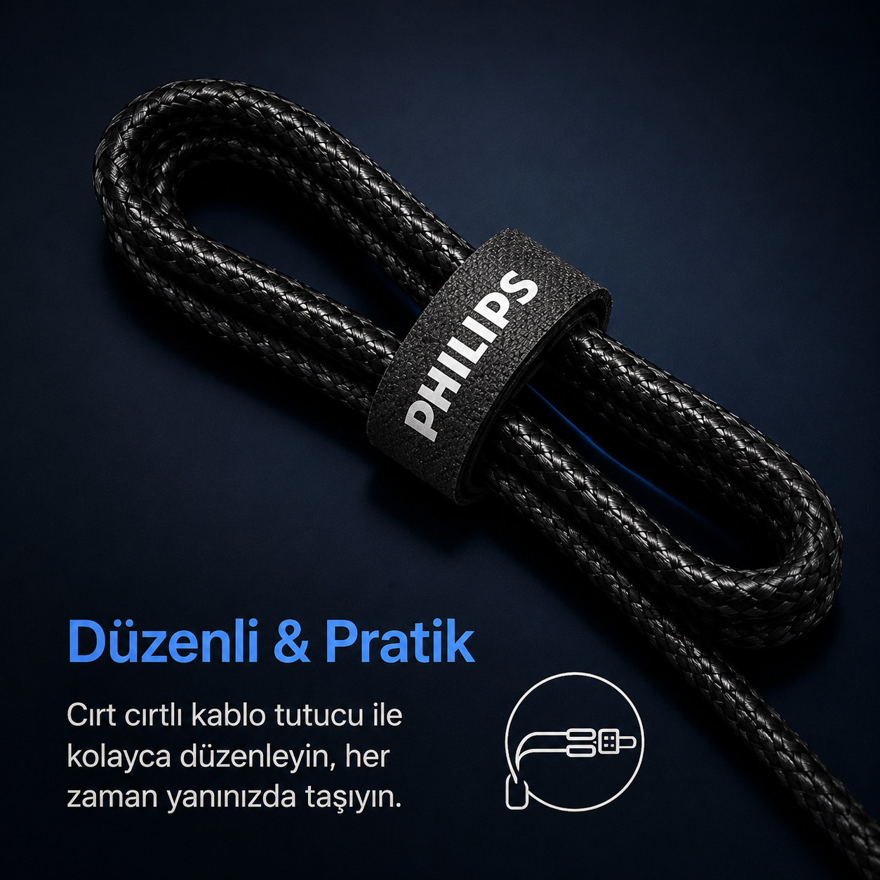 Philips cırt cırtlı siyah örgülü kablo, koyu mavi arka plan üzerinde.