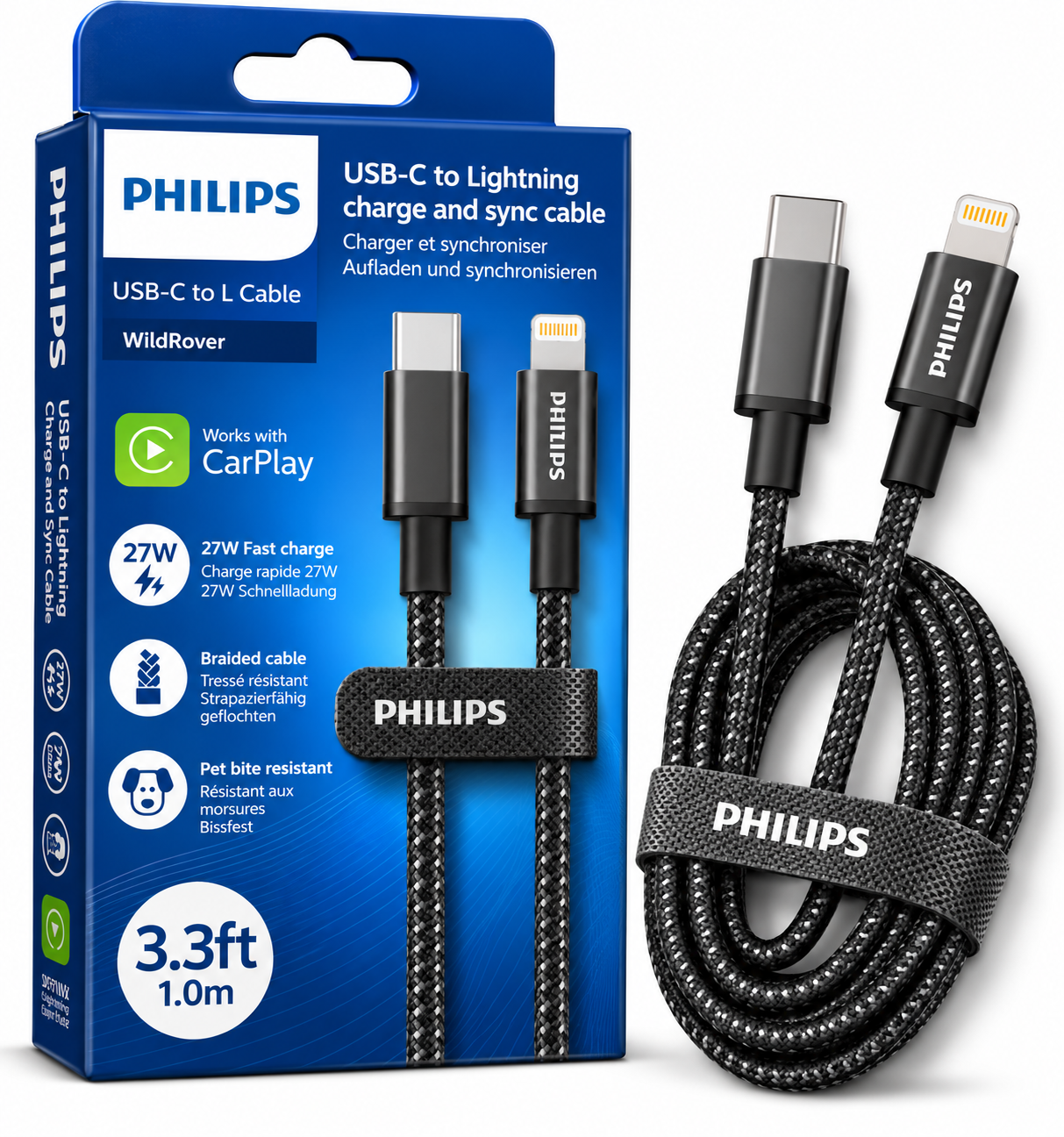 Philips USB-C - Lightning kablosu: 1.0m, 27W hızlı şarj, örgülü.