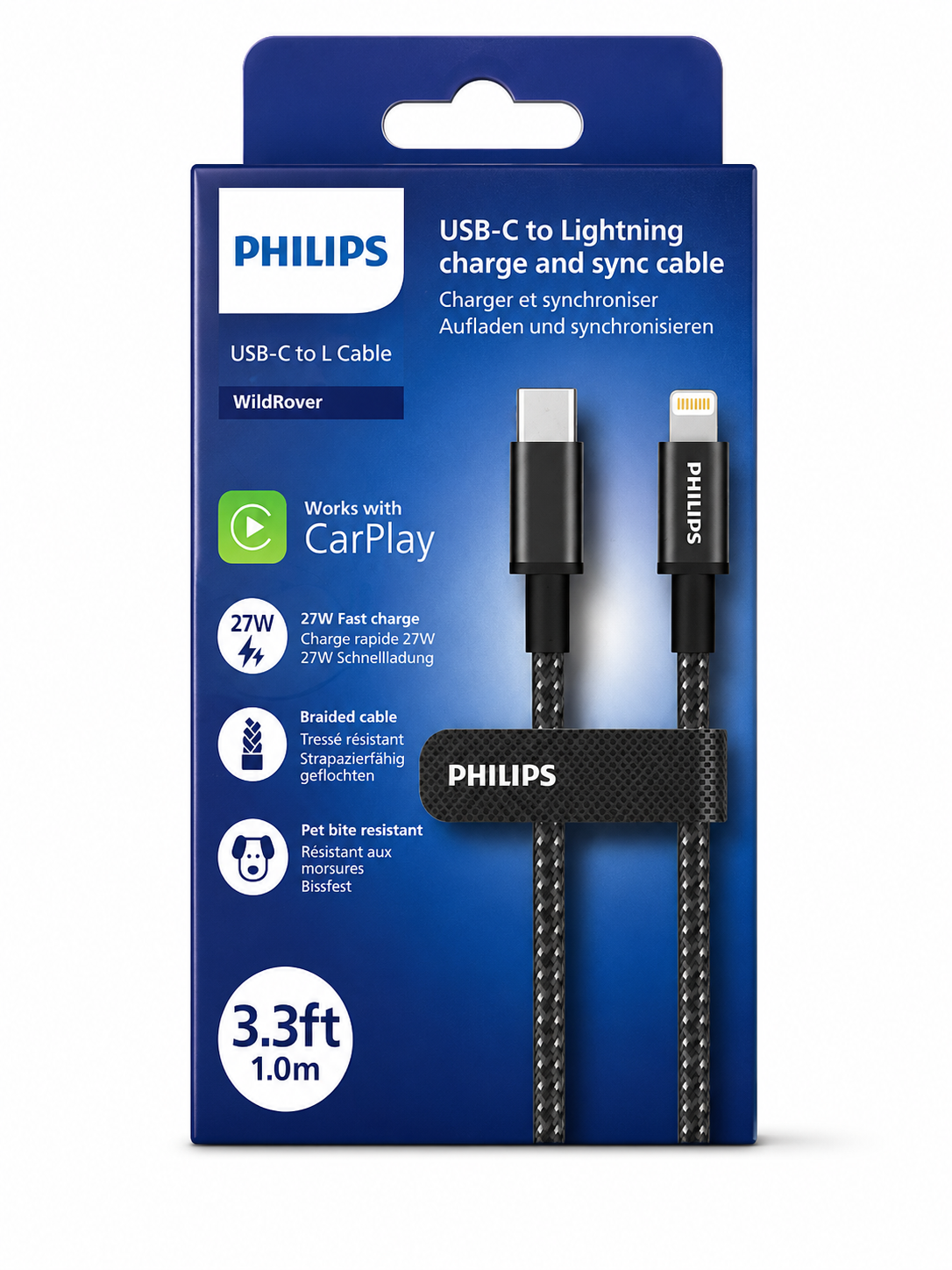 Philips USB-C - Lightning kablosu, 3,3ft, örgülü, evcil hayvan ısırmasına dayanıklı, 27W hızlı şarj.