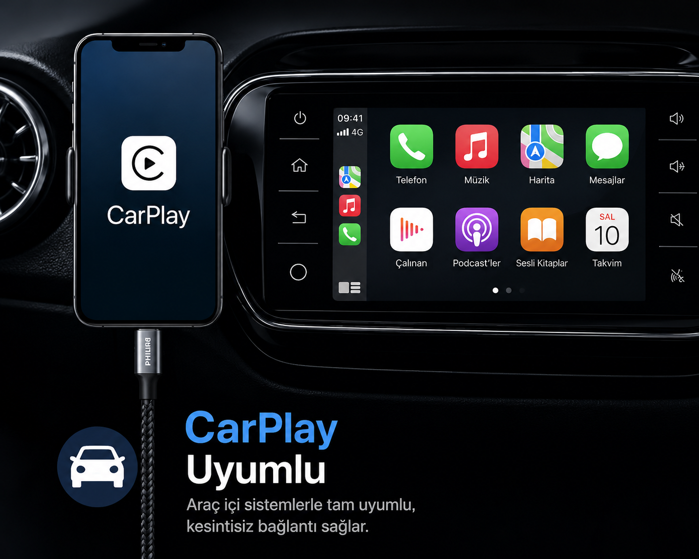 iPhone, Telefon, Müzik, Harita gibi uygulamalarla CarPlay arayüzünü gösteren araç ekranına bağlı.