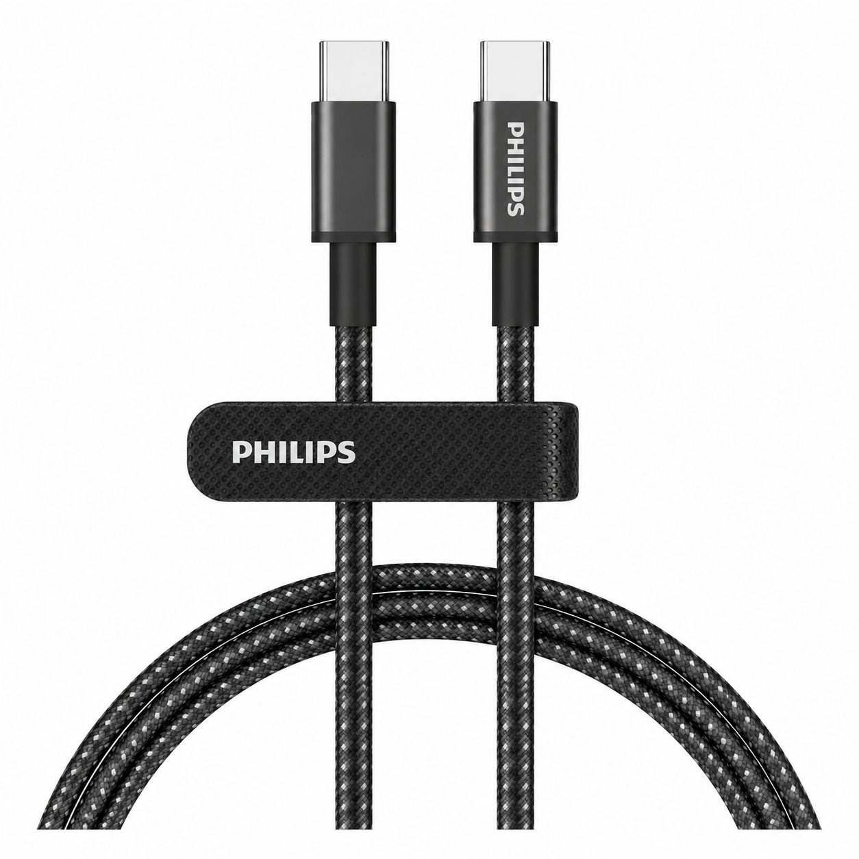 Kumaş örgülü ve siyah kablo klipsli iki siyah Philips USB-C kablosu.