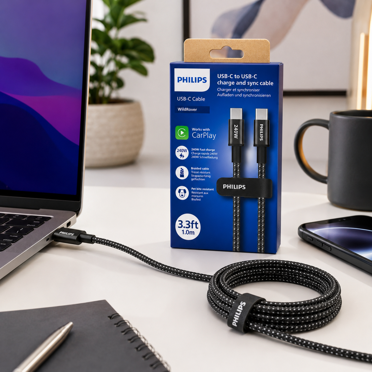 Philips USB-C kablosu, noktalı siyah, dizüstü bilgisayarı şarj ediyor. Paket ve kupa.