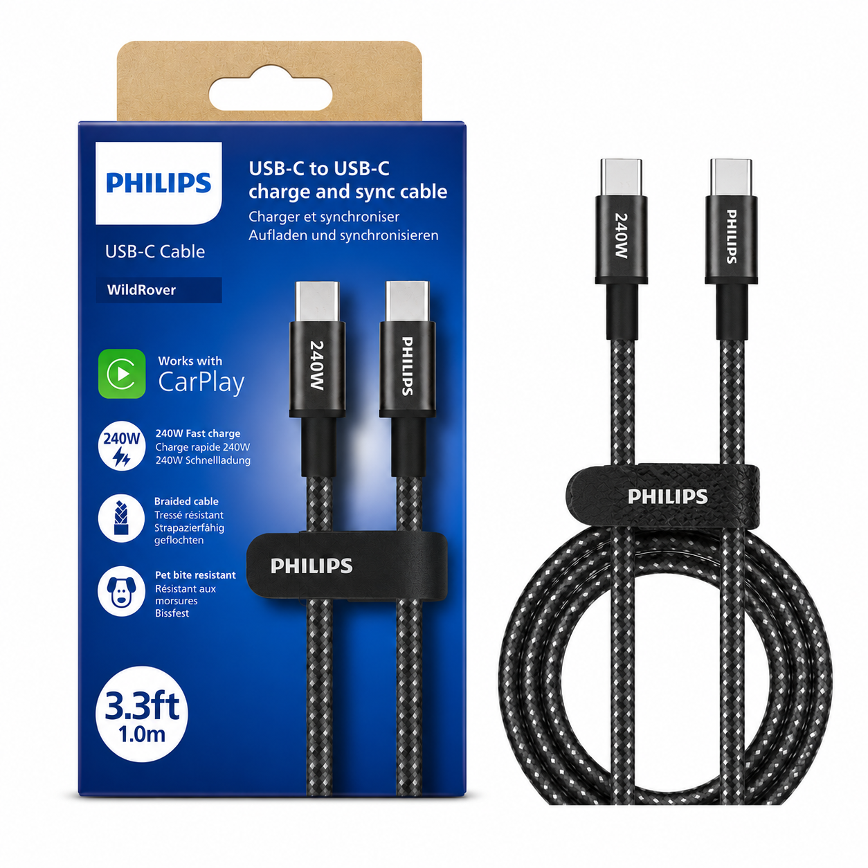 Philips USB-C kablo, siyah, örgülü, 240W, 1m, her iki ucu USB-C.