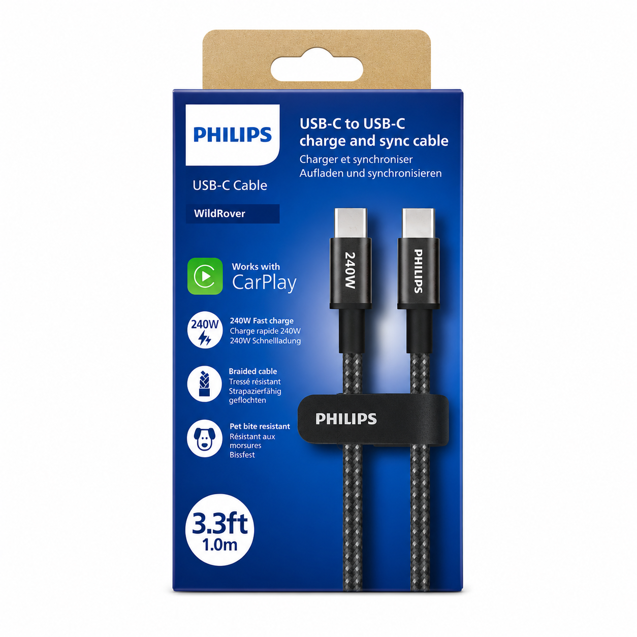 Philips USB-C - USB-C kablosu, 240W hızlı şarj ve örgülü tasarıma sahip.