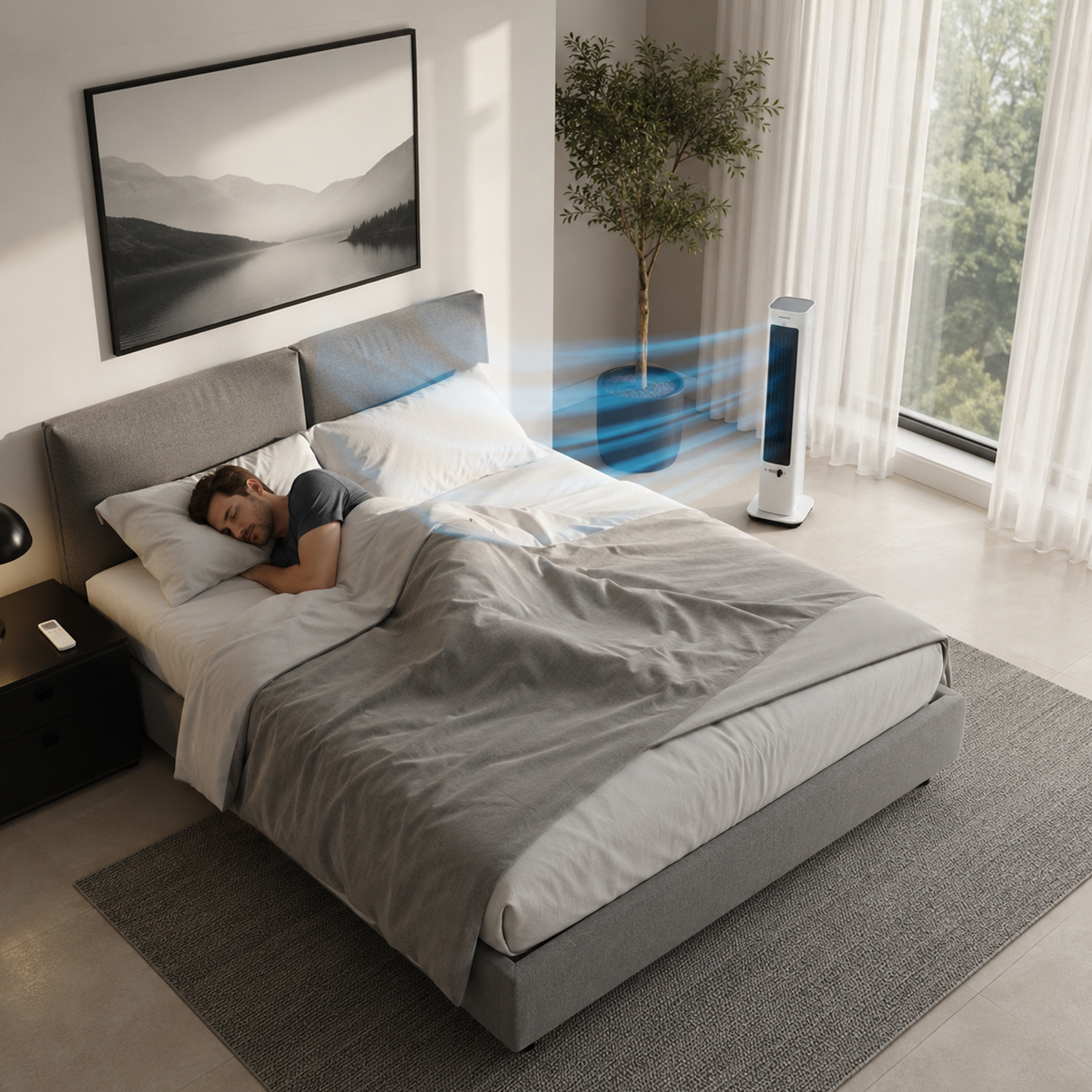 Ein Mann schläft im Bett, ein Ventilator kühlt den Raum. Sonnenlicht fällt durch das Fenster.