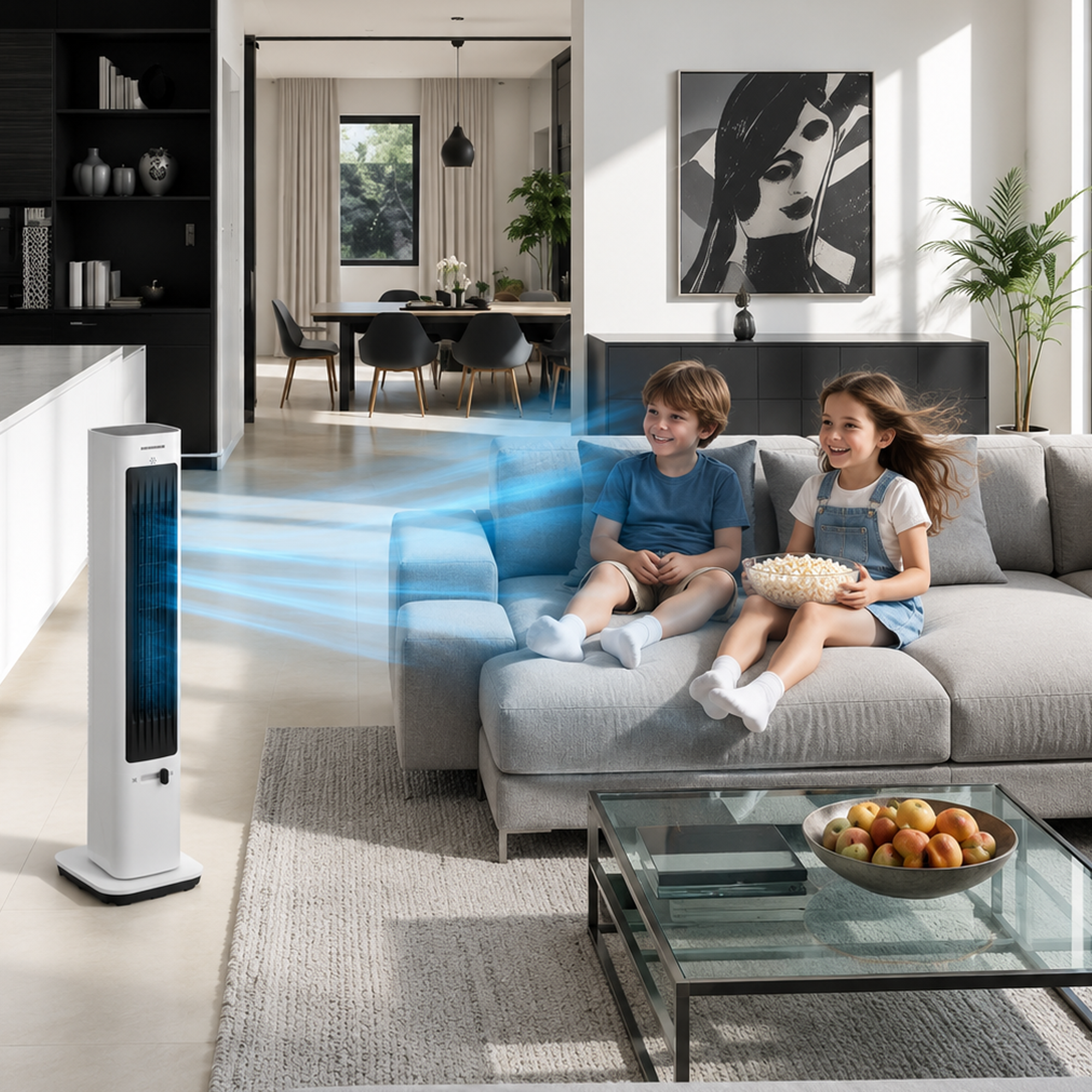 Kinder sitzen auf einem Sofa, schauen Fernseher und essen Popcorn. Ein Turmventilator bläst.