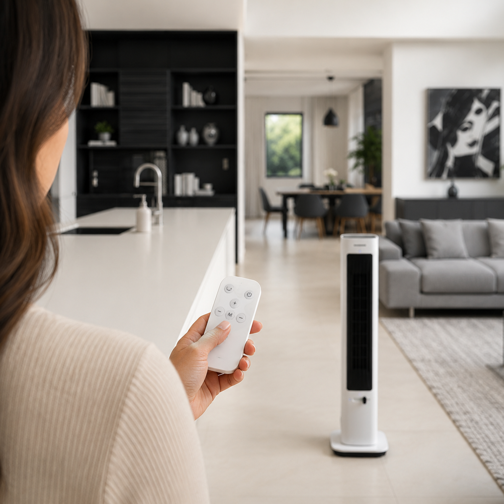 Eine Frau hält eine Fernbedienung, ein Turmventilator steht im Wohnzimmer.