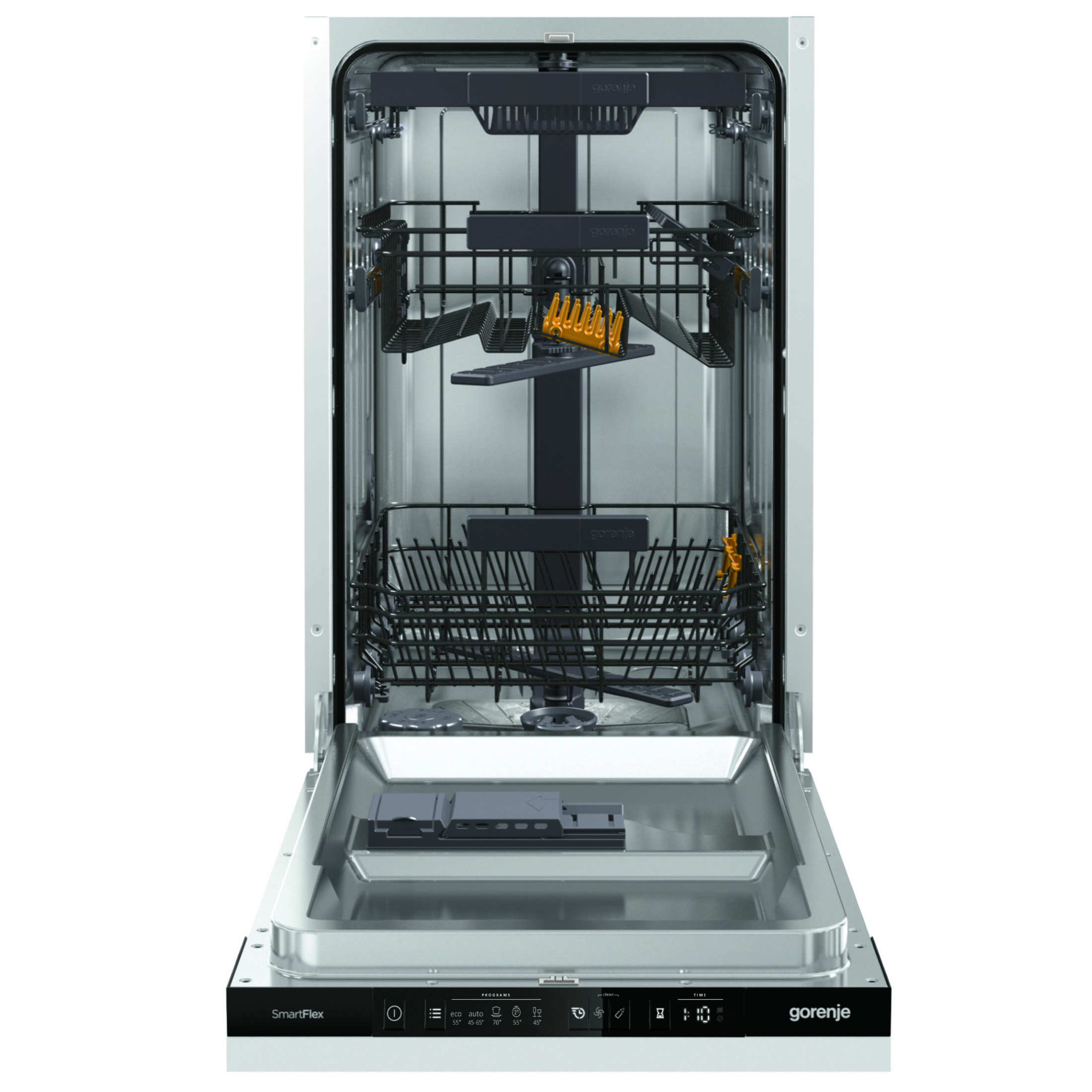 Offener Geschirrspüler mit zwei Körben und einem oberen Fach. Gorenje-Logo sichtbar.
