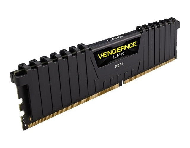 Un módulo de RAM DDR4 negro con contactos dorados y logo amarillo Corsair Vengeance LPX.
