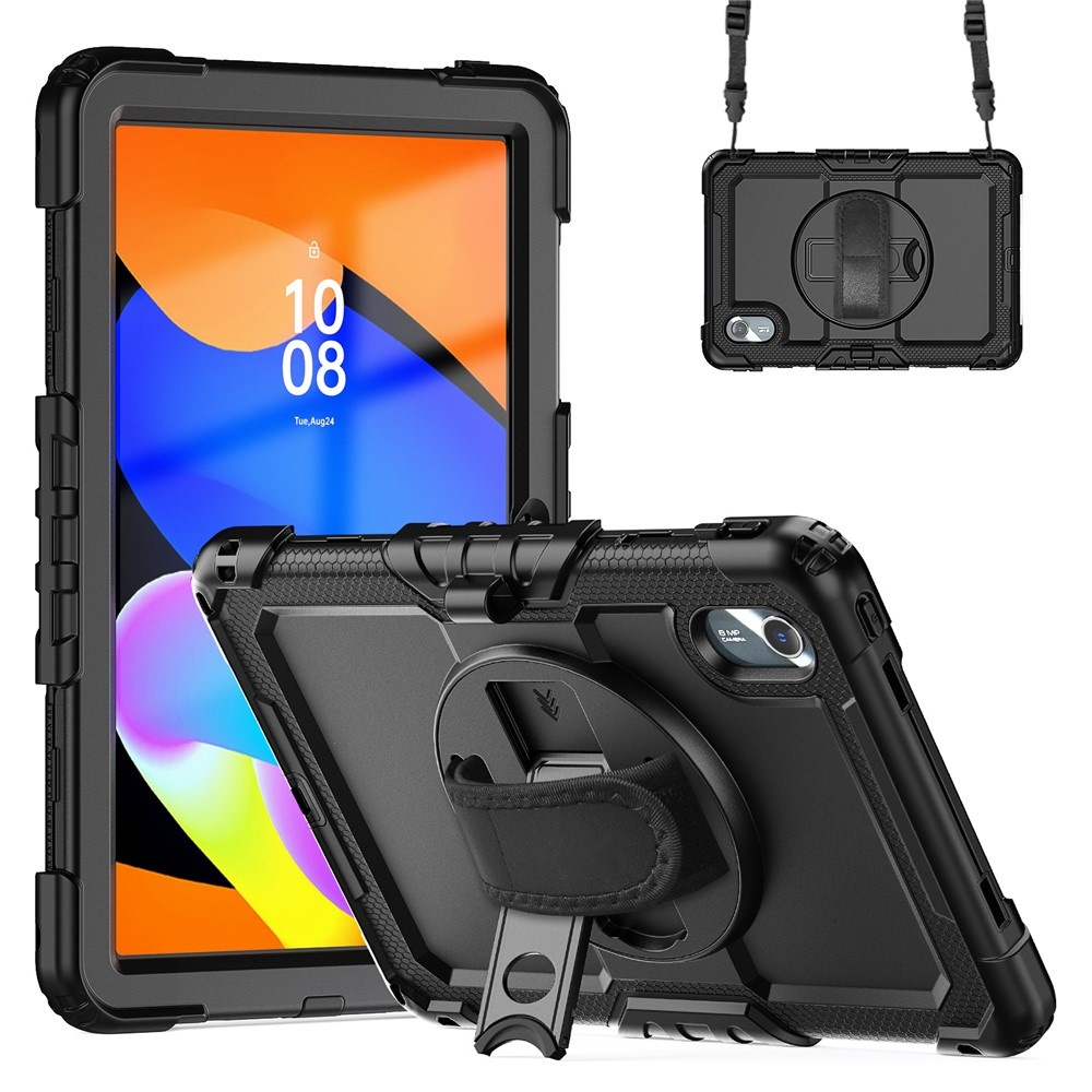 Black rugged tablet case with a stand and hand strap. Includes a separate view of the back.