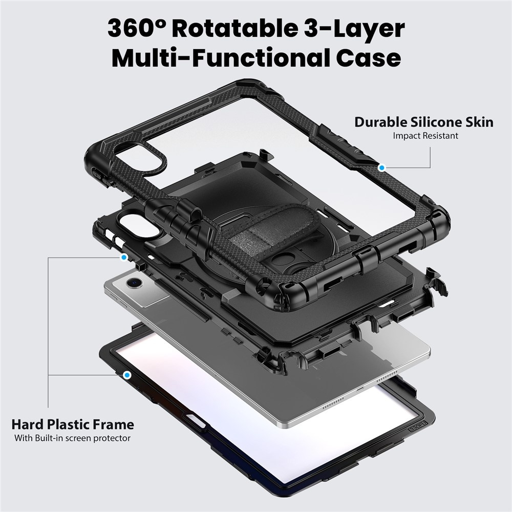 Exploded view of a black 3-layer tablet case with silicone and plastic.