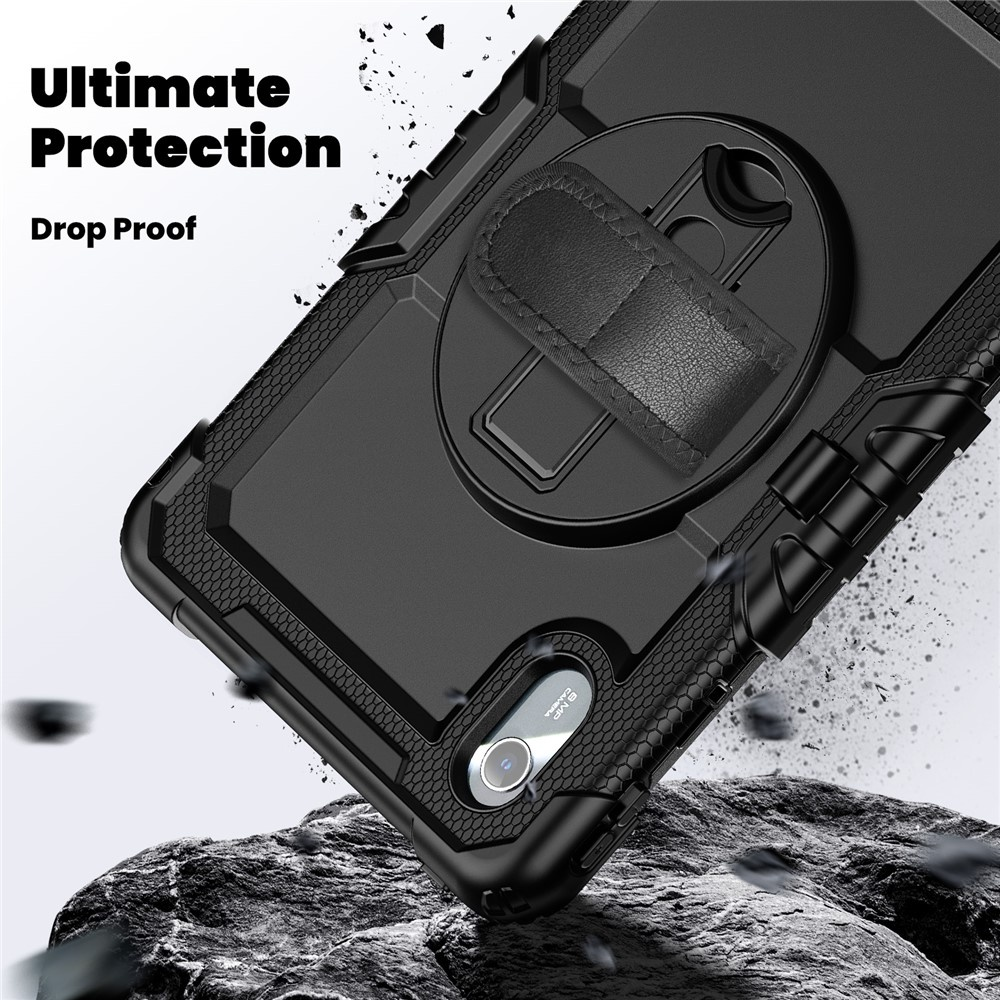 Black protective case with strap on rocky surface.