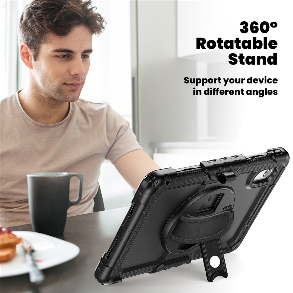 Man at table with black tablet case featuring a 360 rotatable stand.