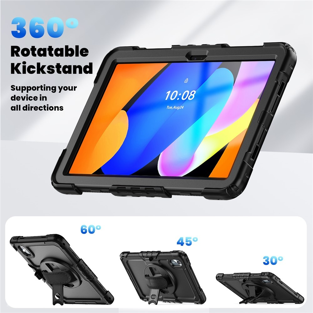 Tablet case with a 360° rotatable kickstand shown at various angles.