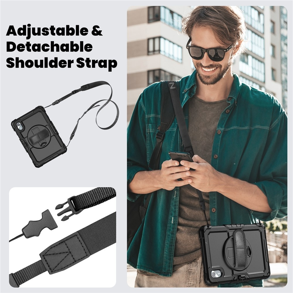 Man with tablet and adjustable shoulder strap, close-ups of the strap.
