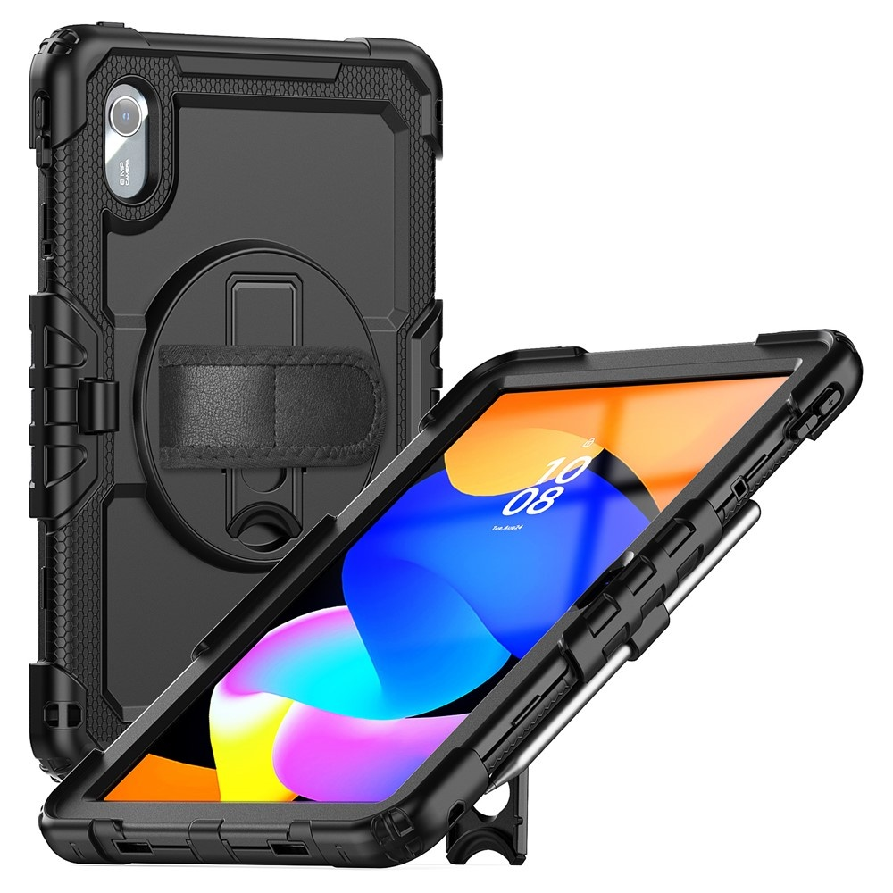 Black tablet case with stand and hand strap. Tablet in landscape mode with colorful background.