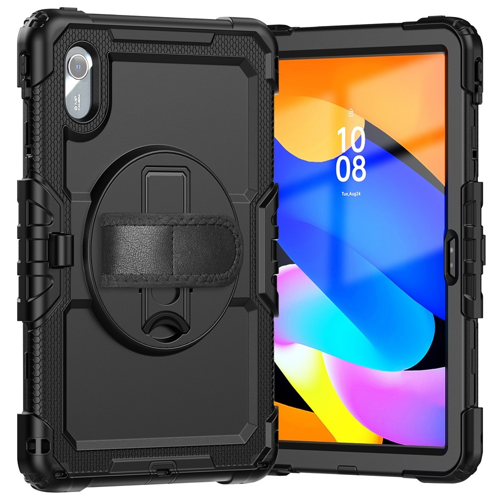 Black tablet in protective case with camera and stand. Screen shows time.