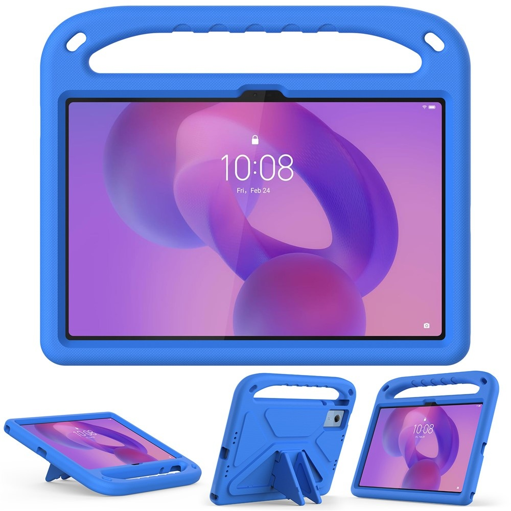 Blue tablet protective case with handle and stand, showing the lock screen.