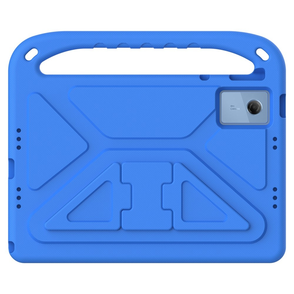 Blue tablet case with a handle and camera cutout.