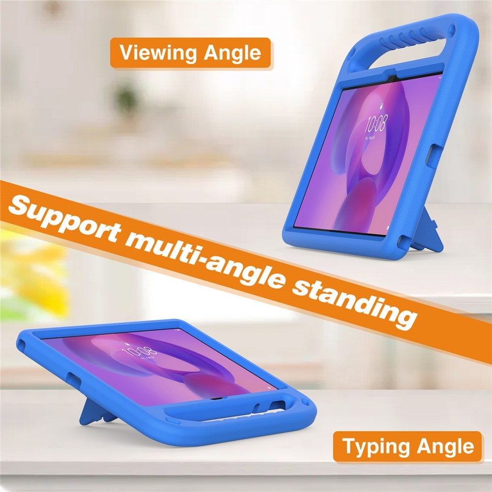 Blue tablet case shown in two viewing angles: upright for viewing and angled for typing.