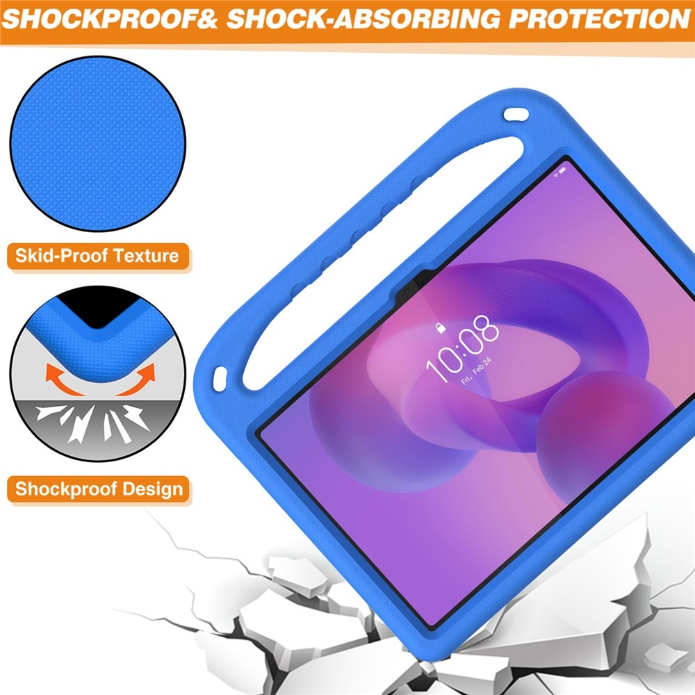 Blue tablet case with handle, skid-proof texture, and shockproof design.