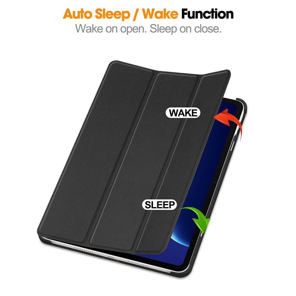 Black tablet with a case opening and closing. Sleep/wake function.