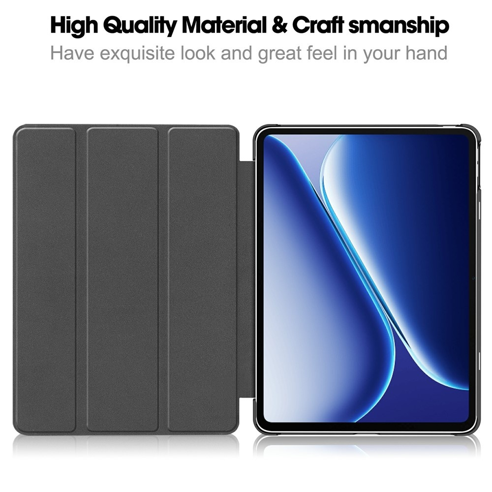 A dark, tri-fold tablet cover next to a tablet displaying a blue wallpaper.