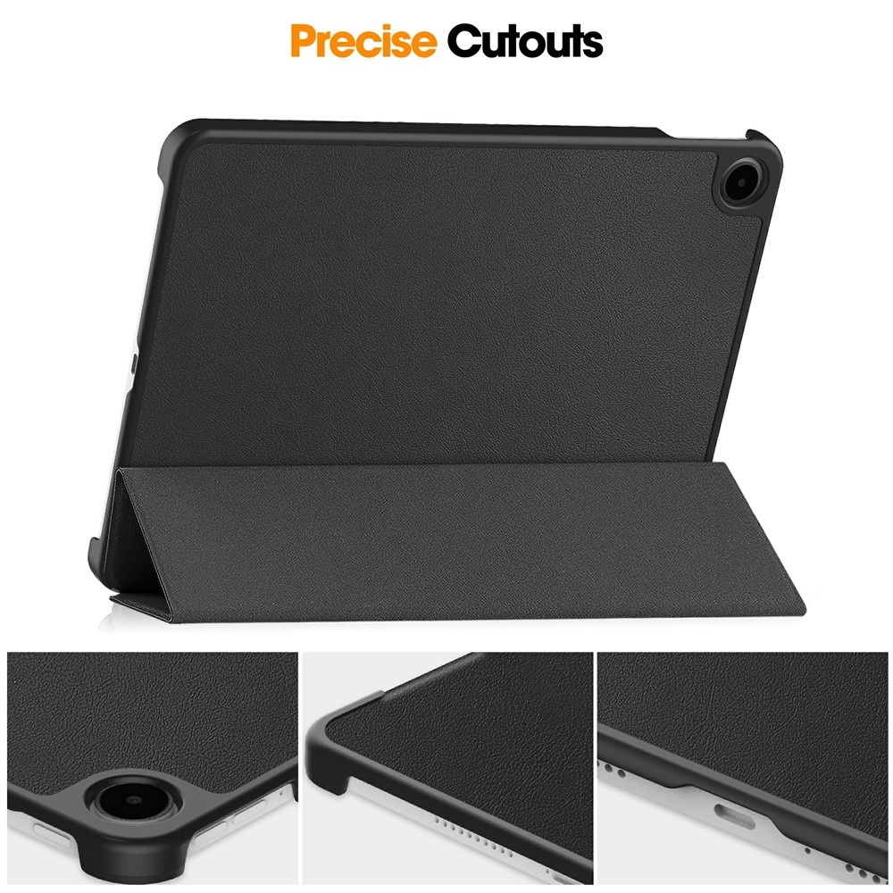 Black tablet case with precise cutouts, showing camera and ports.