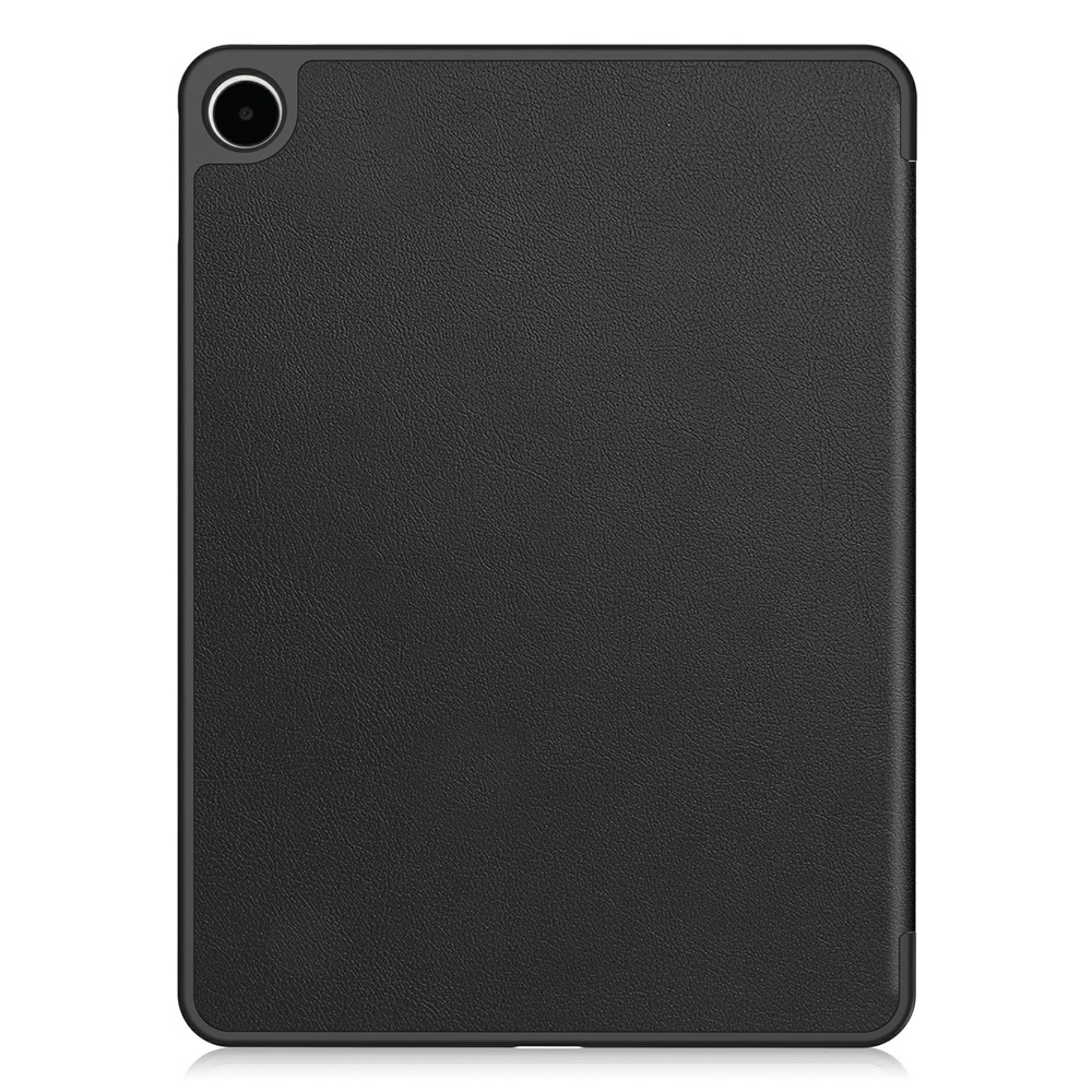 A black tablet with a textured case and a camera lens at the top left.
