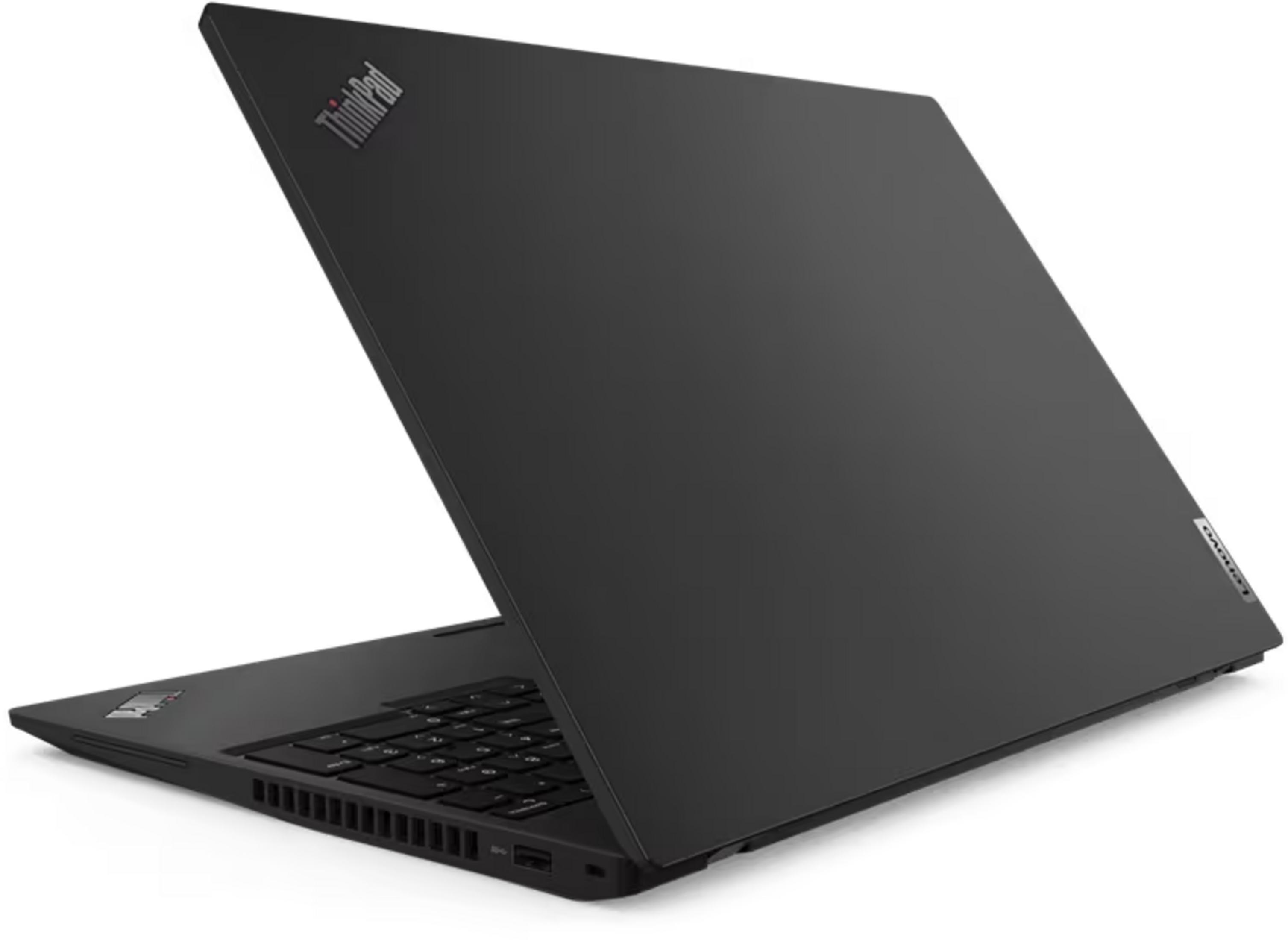Ein schwarzer Lenovo ThinkPad Laptop, von hinten links gesehen, mit Tastatur und Anschlüssen.