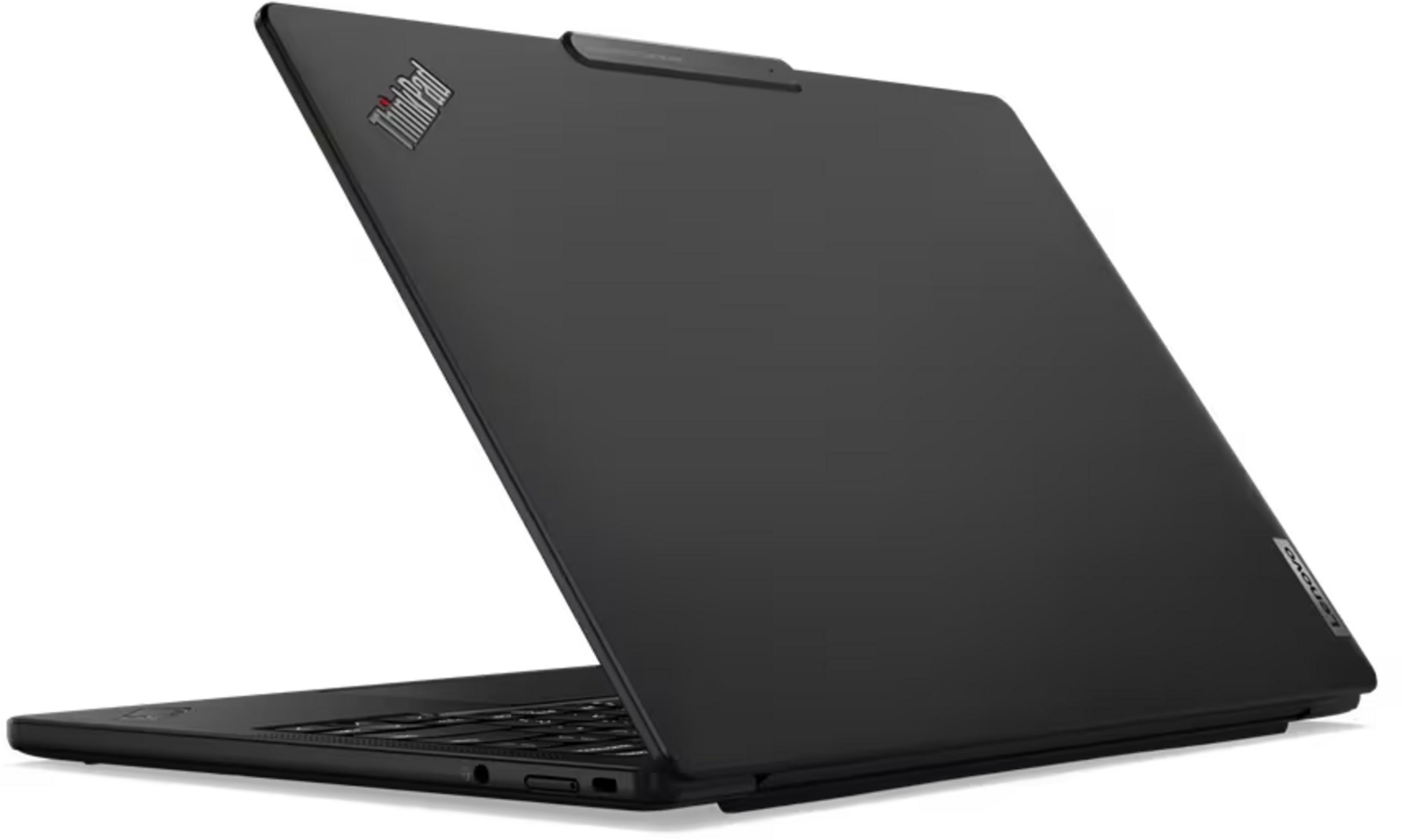 Schwarzer Laptop mit ThinkPad-Logo, offen, mit Blick auf die Tastatur und die Rückseite.