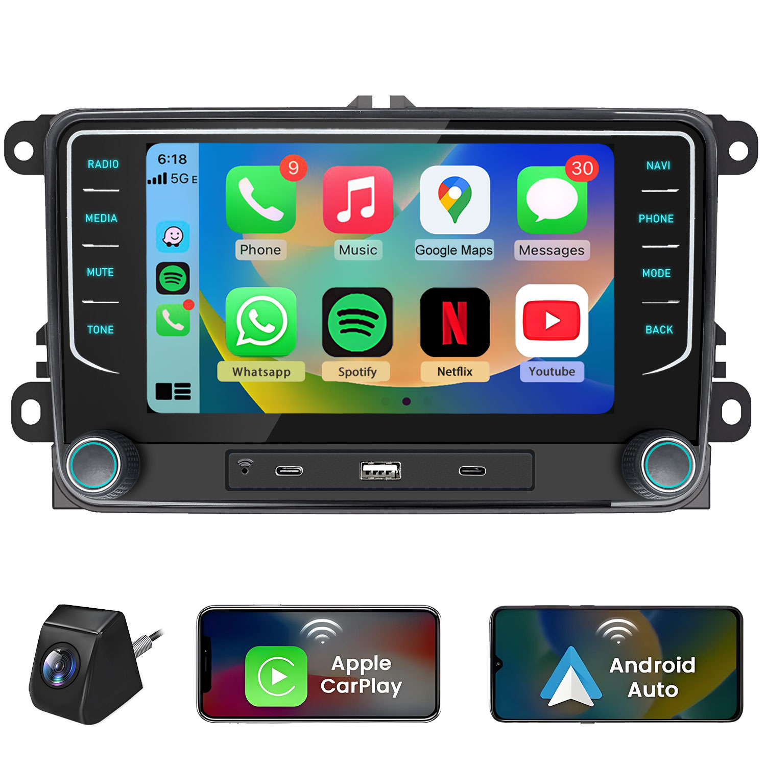 Auto-Infotainmentsystem mit Apps, Autokamera und Handys, die Apple CarPlay & Android Auto zeigen.
