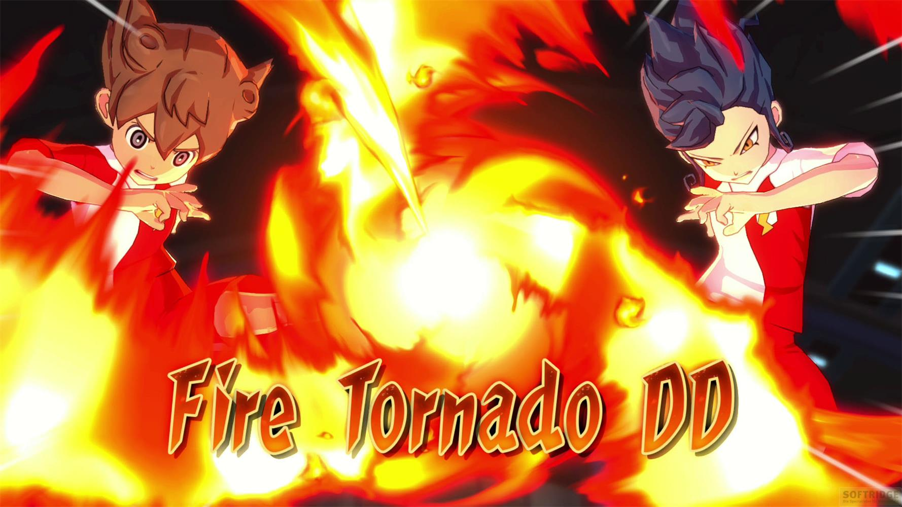 Due personaggi in stile anime con uniformi rosse circondati da fiamme che formano il testo "Fire Tornado DD."
