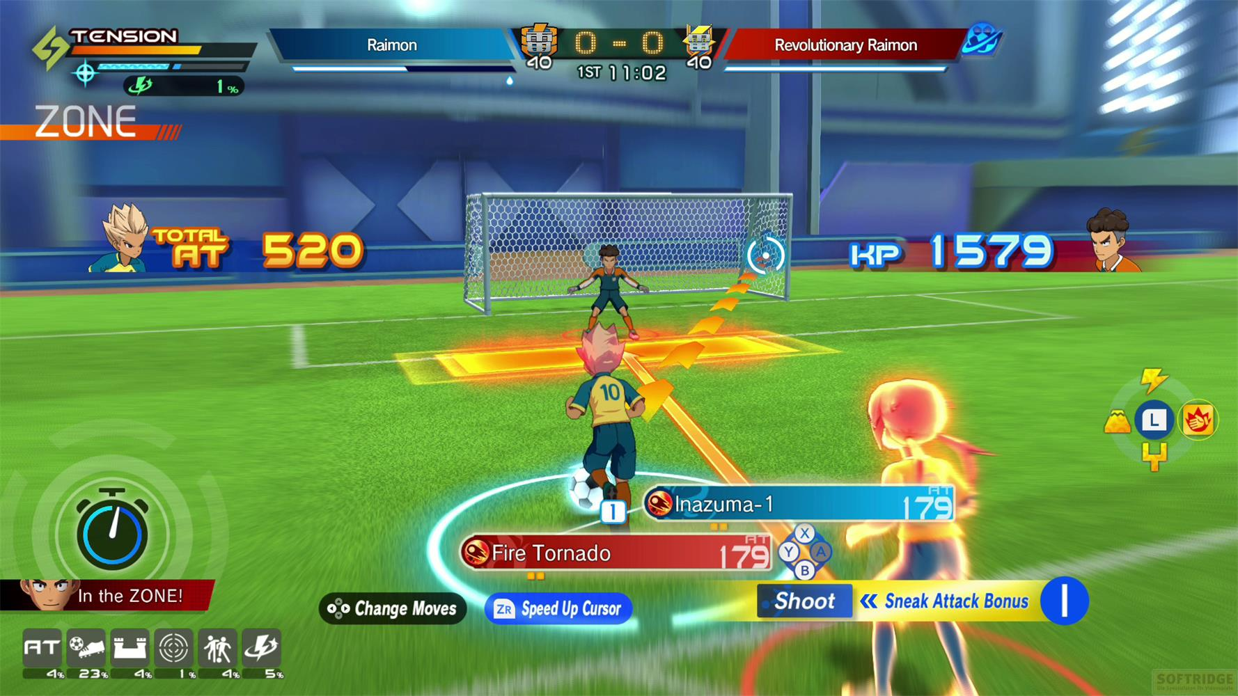 Partita di calcio in stile anime con giocatori, tabellone e informazioni di gioco.