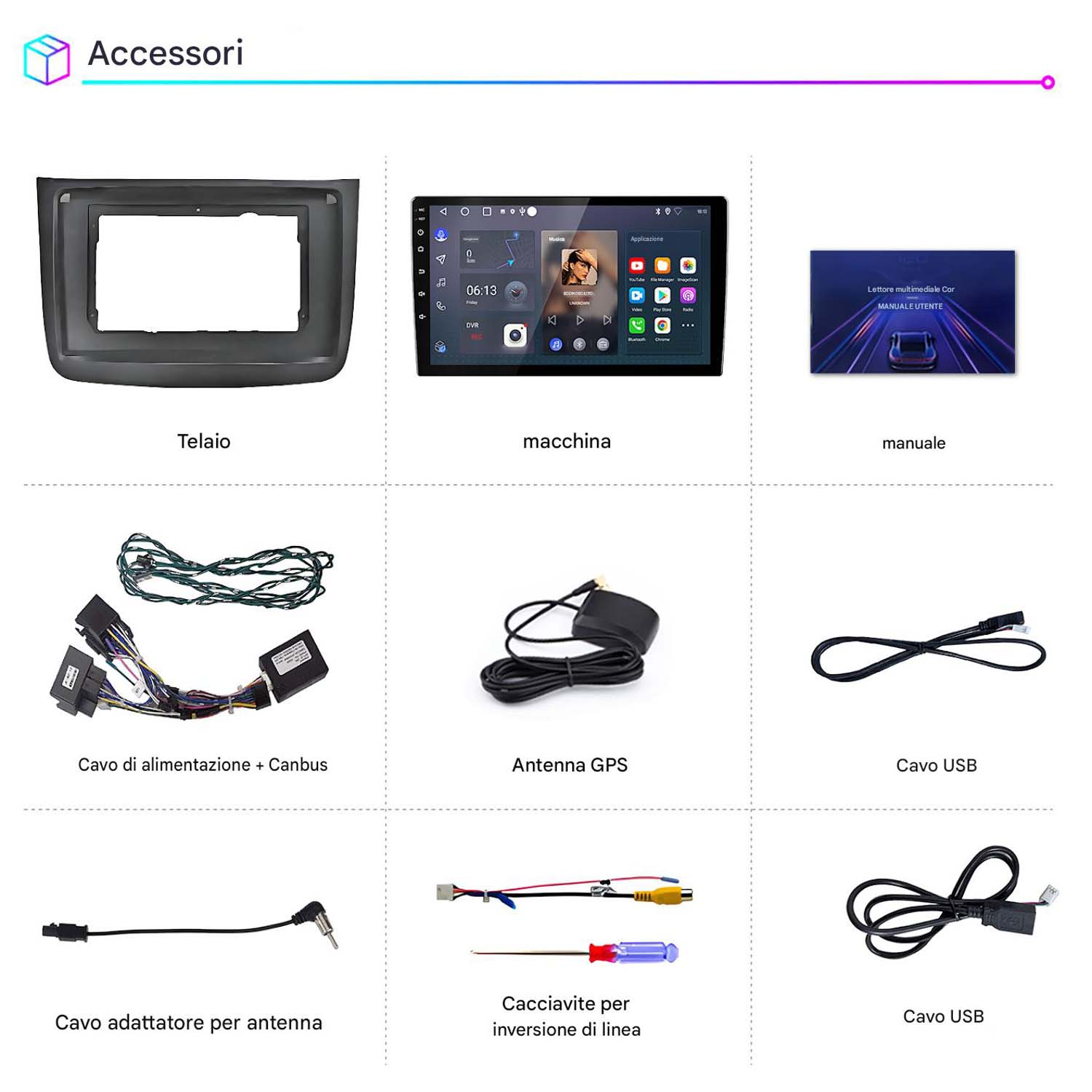 Cornice autoradio, touchscreen, manuale, cavi, antenna, cavo USB e attrezzi.