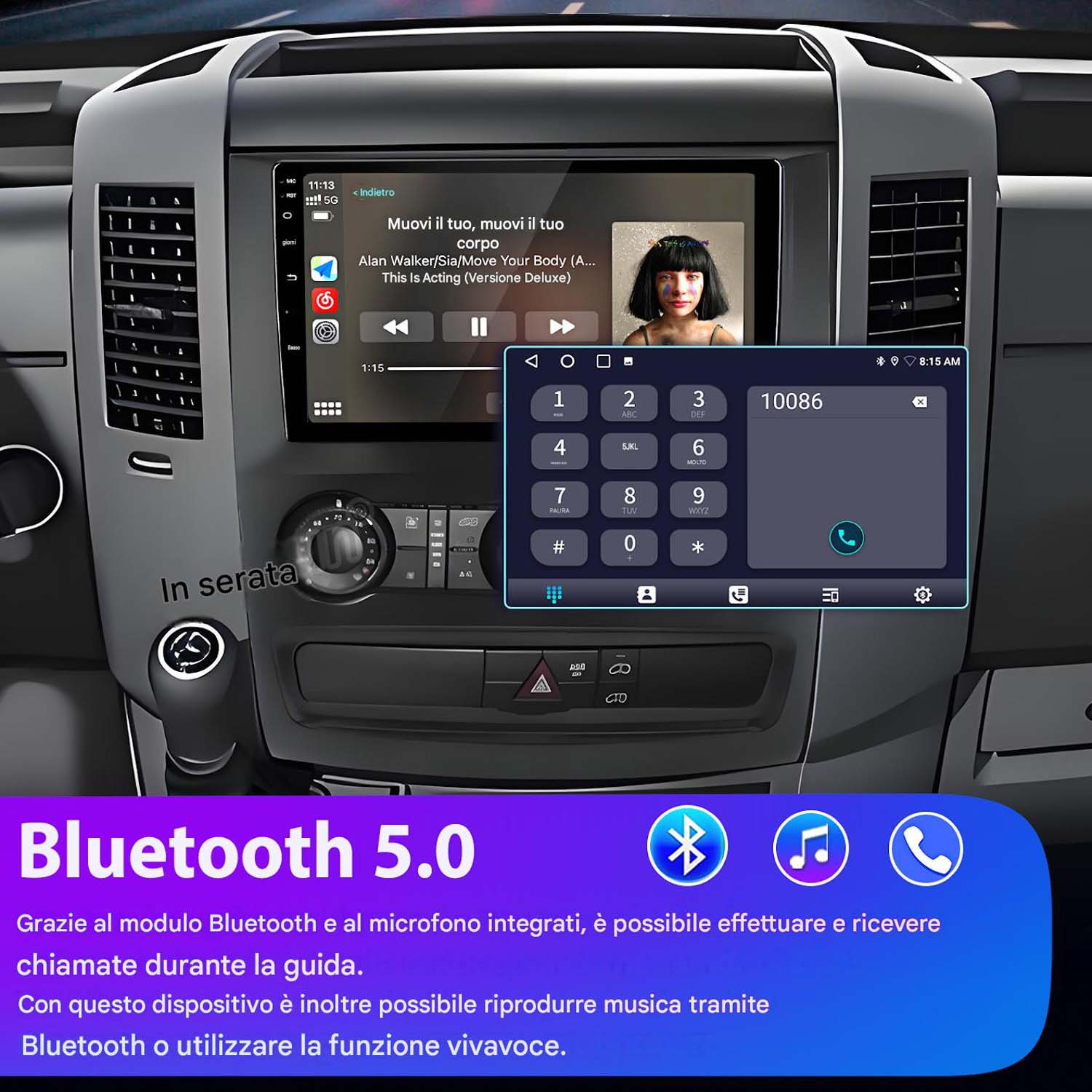 Sistema di infotainment auto mostra musica e tastierino. Bluetooth 5.0.