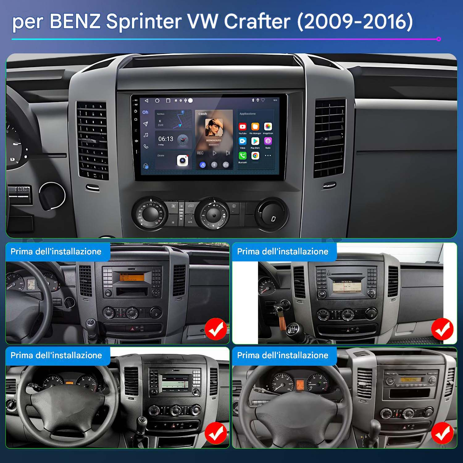 Cruscotto Mercedes Sprinter/VW Crafter con autoradio touchscreen.
