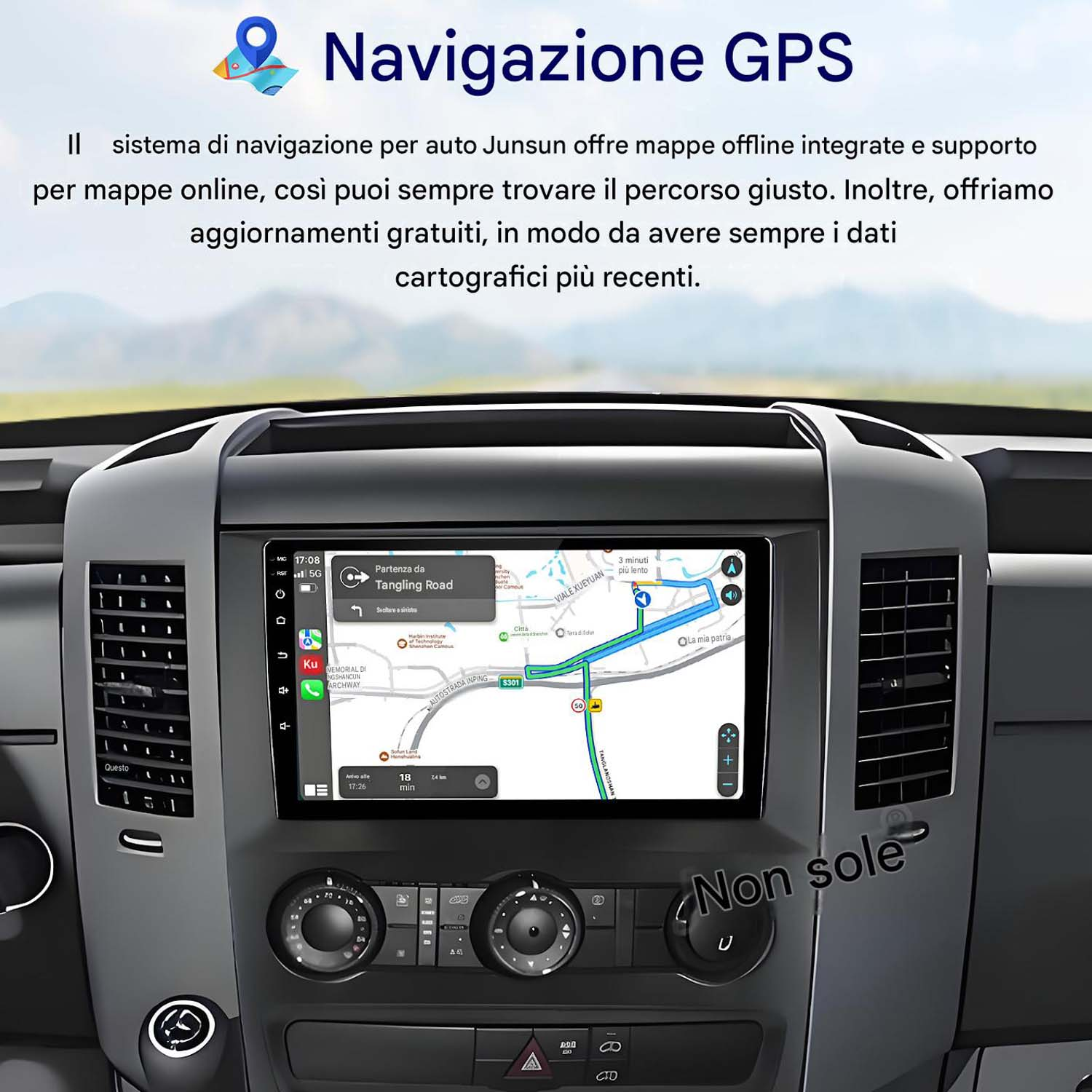 Un sistema di navigazione per auto con mappa e controlli sul cruscotto.