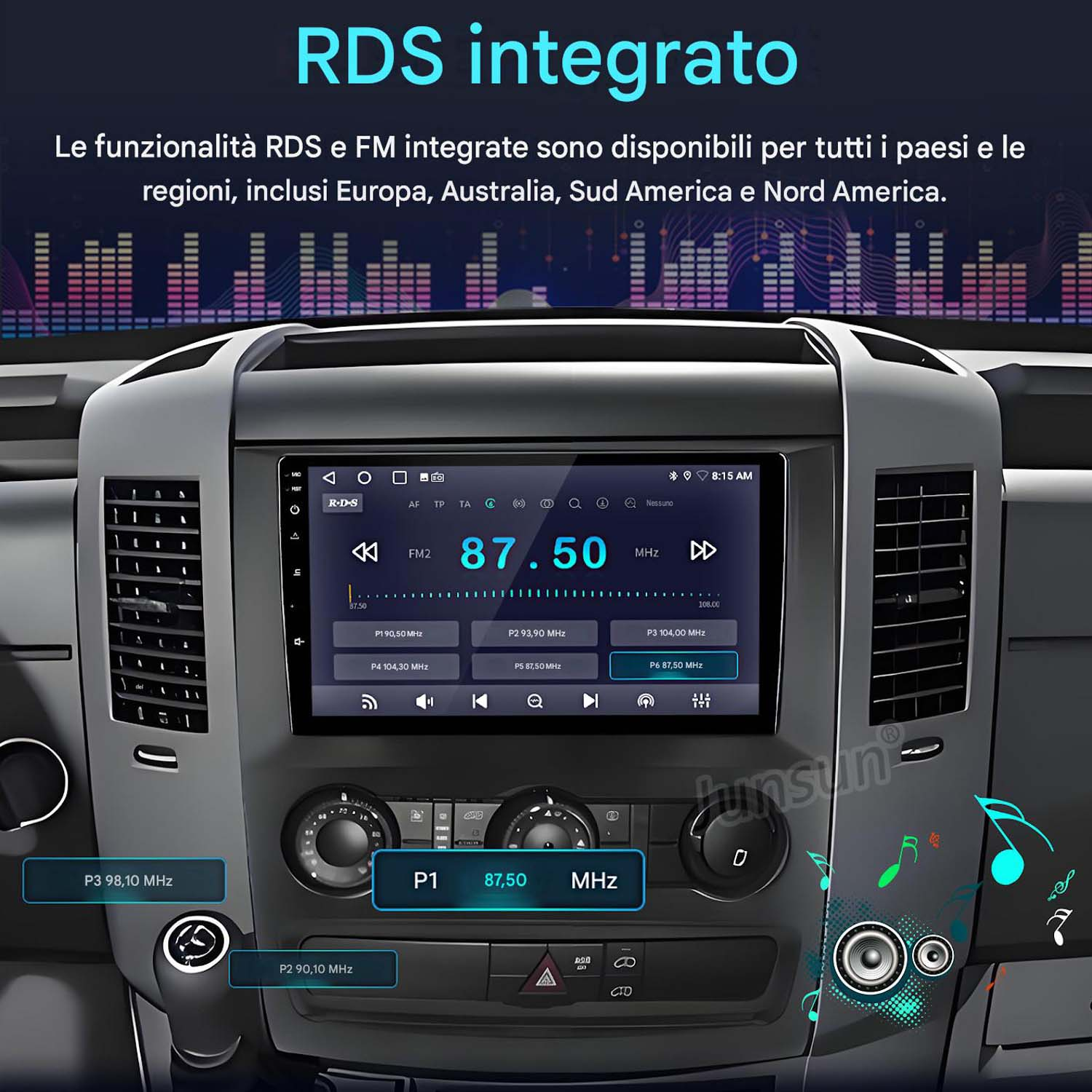 Cruscotto auto con grande radio touchscreen che mostra frequenze e stazioni preimpostate.