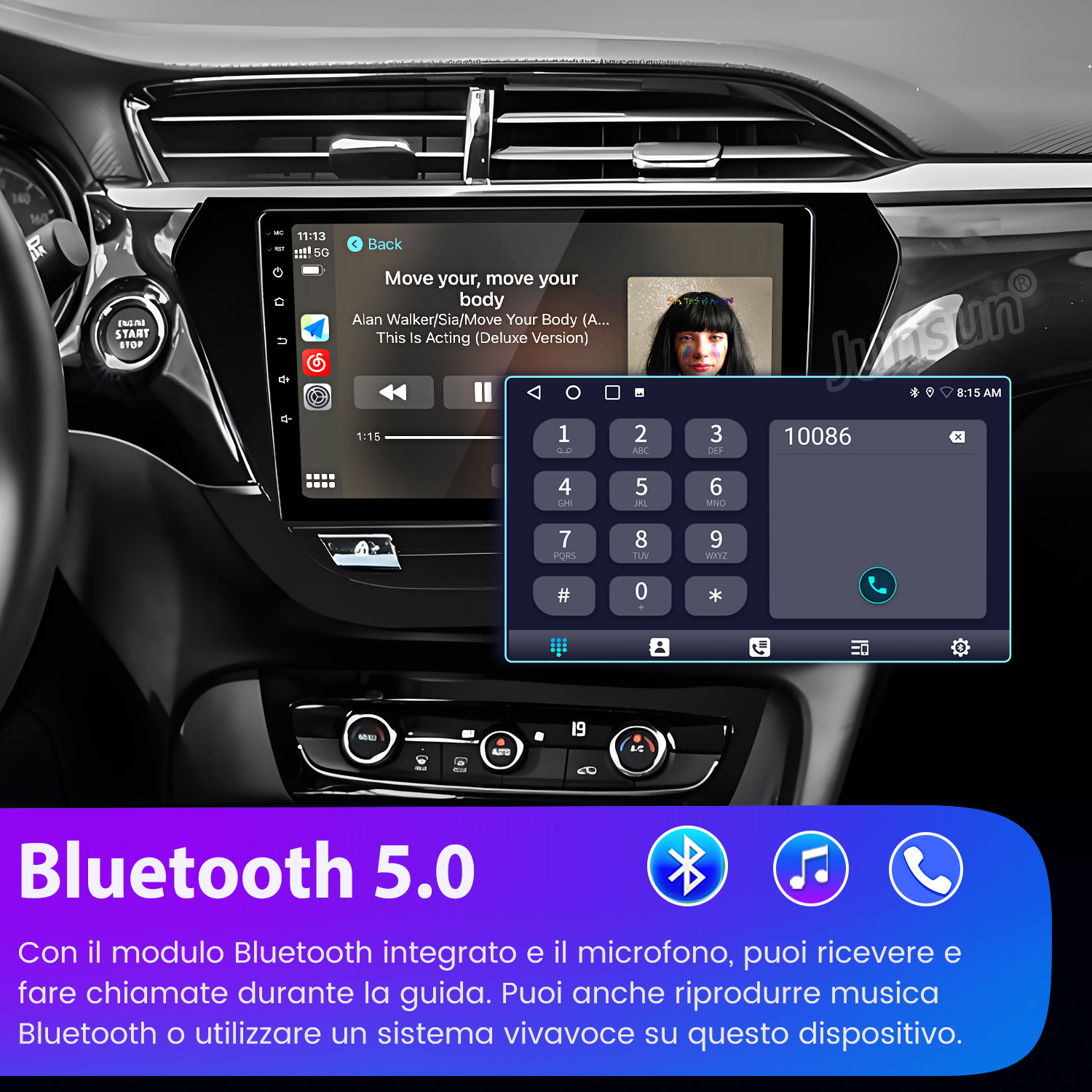 Sistema infotainment auto con telefono e musica. Bluetooth 5.0.