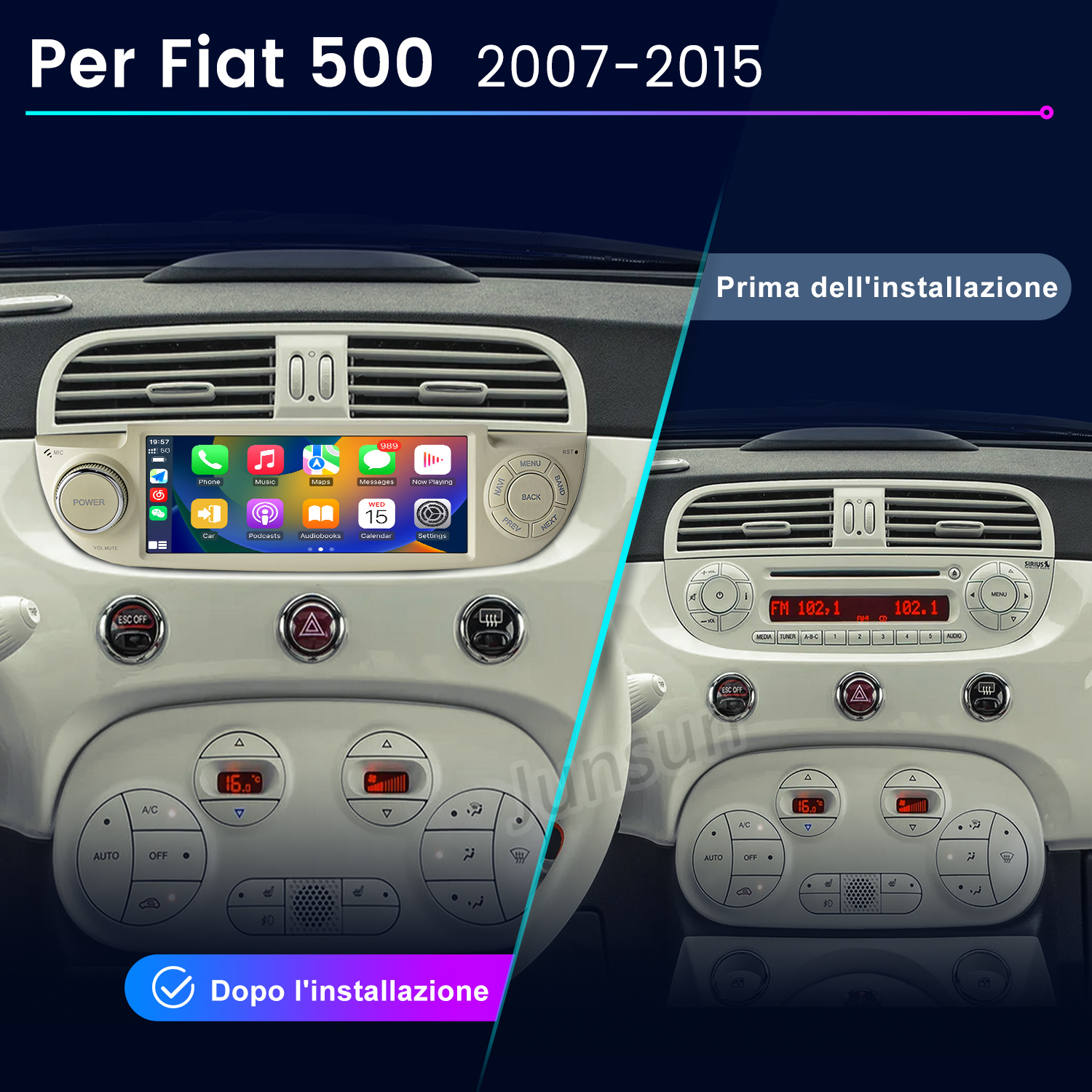 Confronto cruscotto Fiat 500: Prima e dopo installazione nuovo schermo.