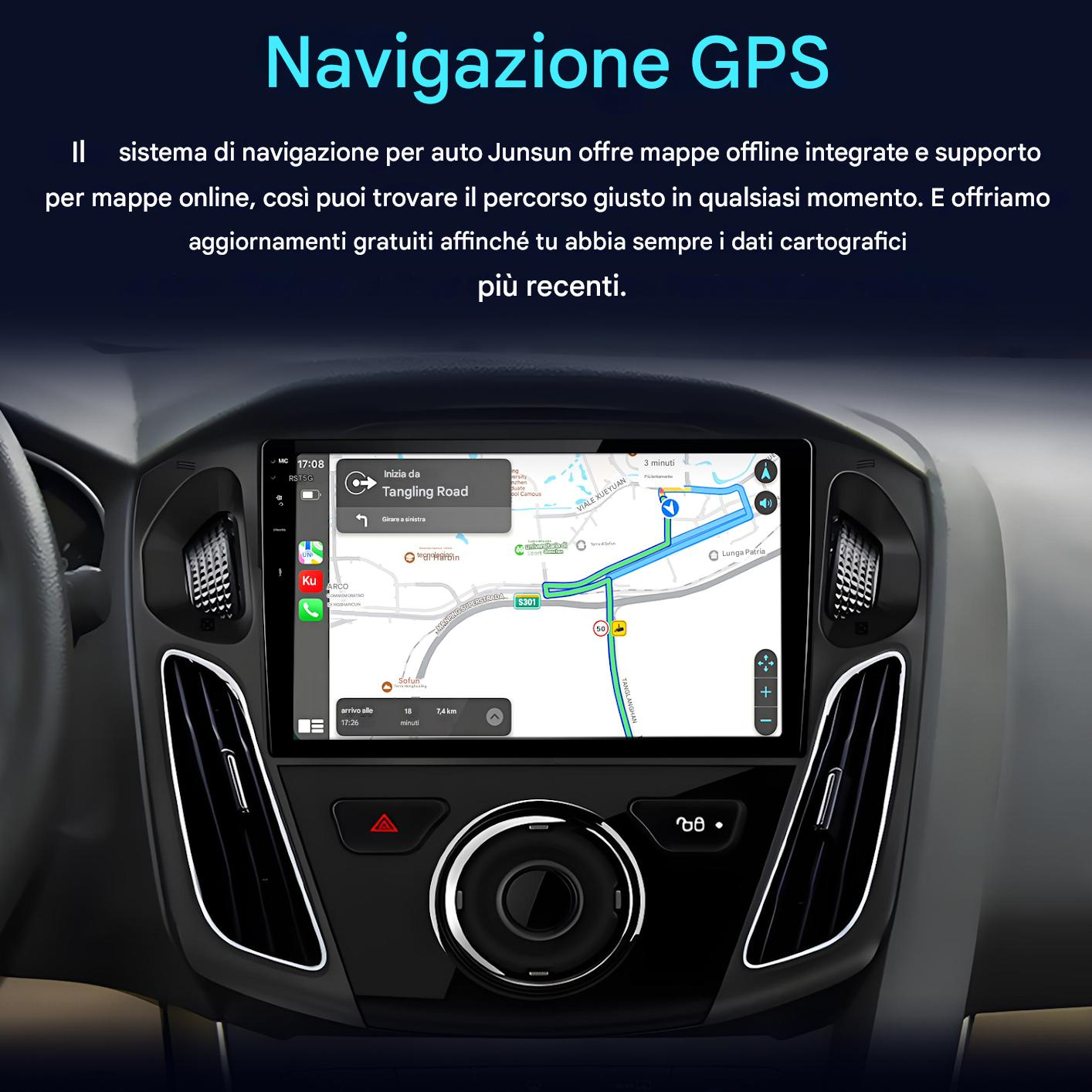 Un sistema di navigazione per auto mostra una mappa stradale e la guida del percorso sullo schermo.