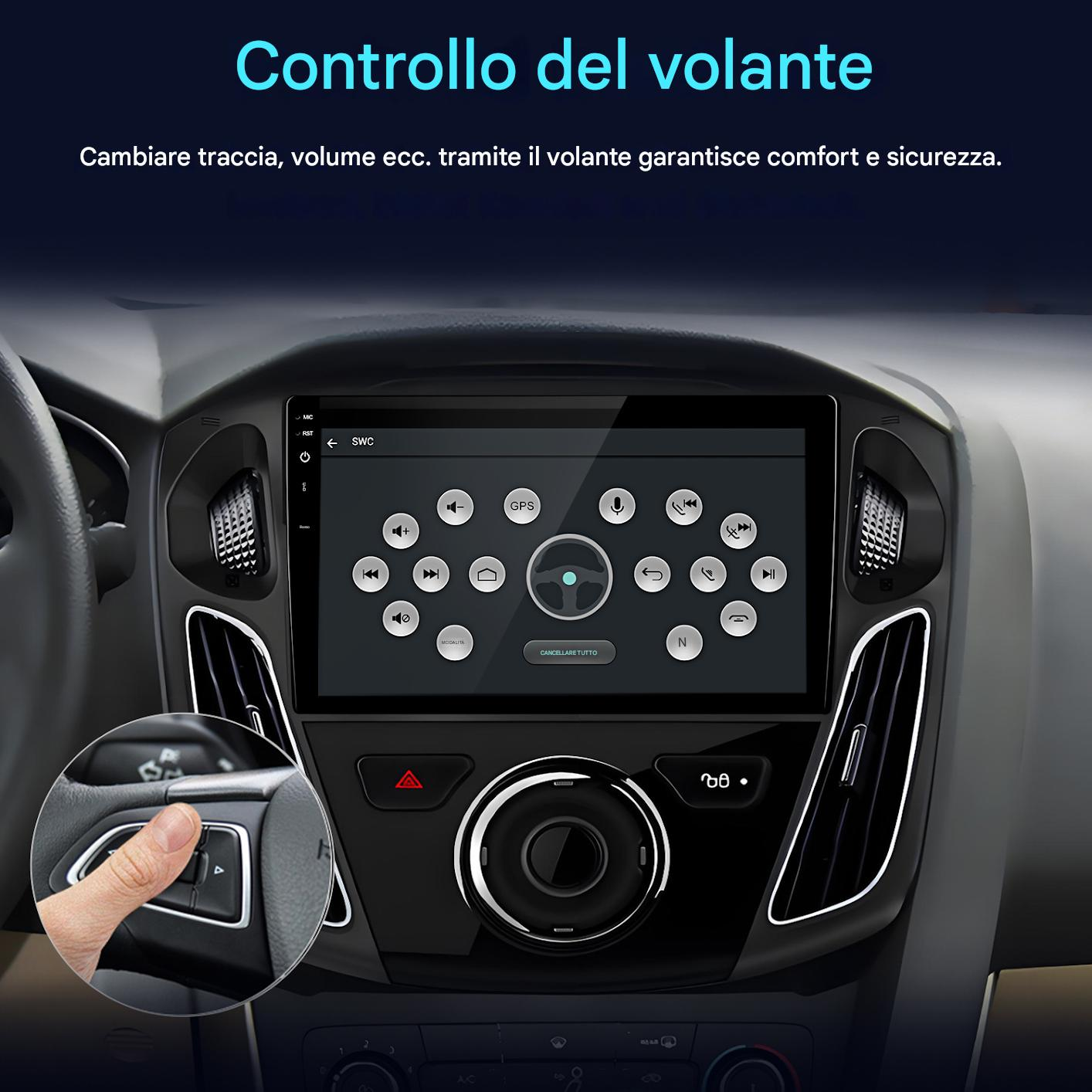 Un dito aziona il comando al volante sul display touchscreen di un'auto.
