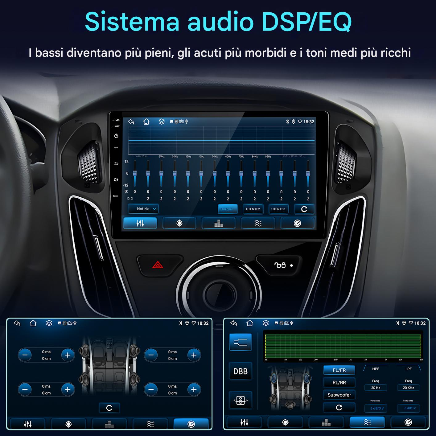 Un sistema di infotainment per auto che mostra impostazioni EQ e controlli audio.