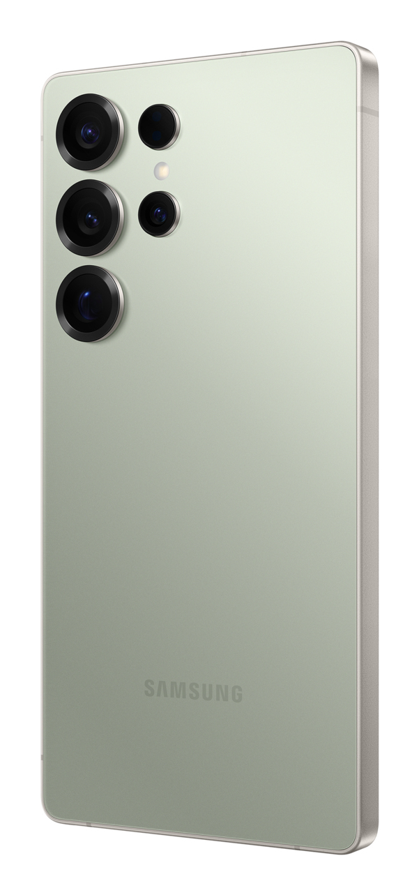 Dos d'un smartphone Samsung vert clair avec quatre objectifs et un flash.
